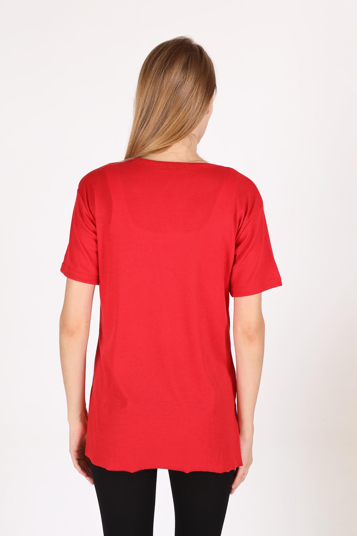 Kırmızı V Yaka Kısa Kol Kaşkorse Tişört 2971 - 4