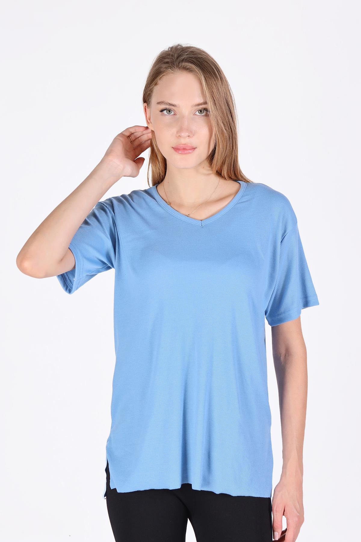 Mavi V Yaka Kısa Kol Kaşkorse Tişört 2971 - 1