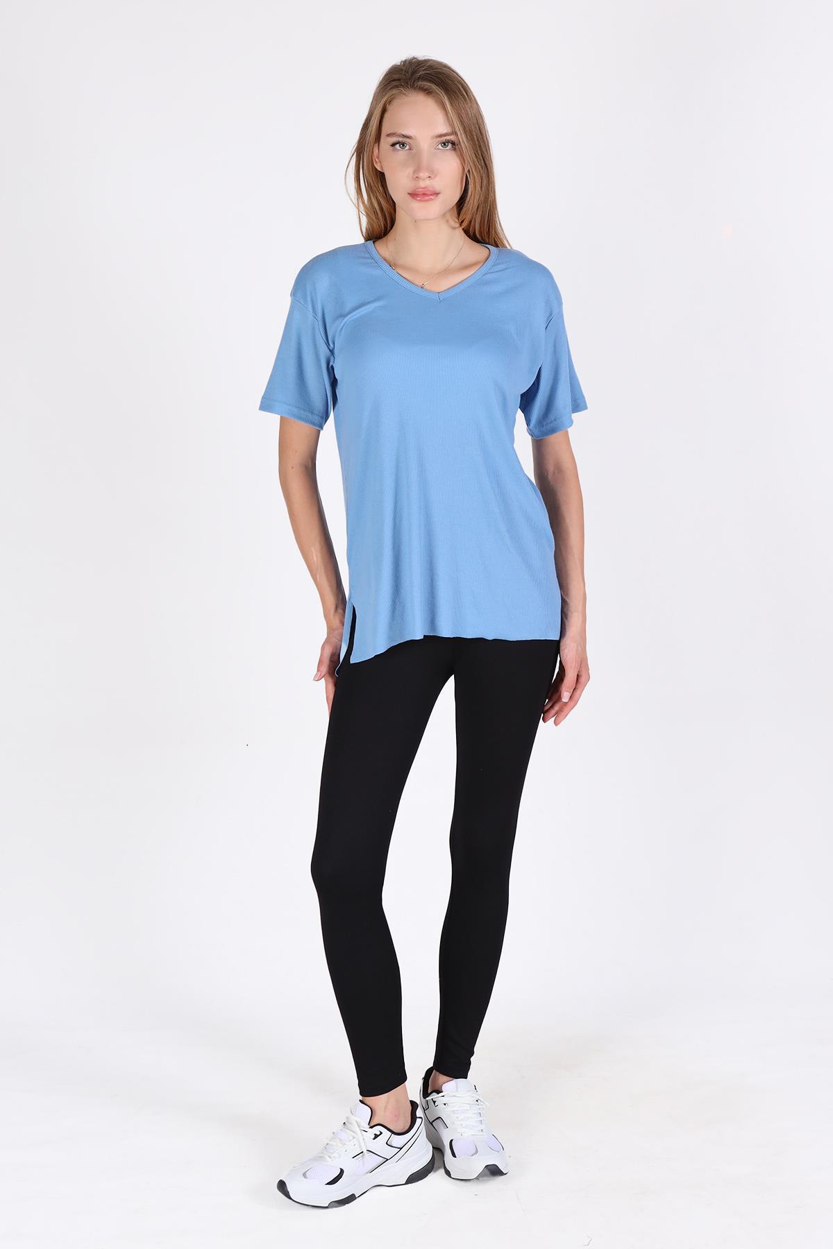 Mavi V Yaka Kısa Kol Kaşkorse Tişört 2971 - 2