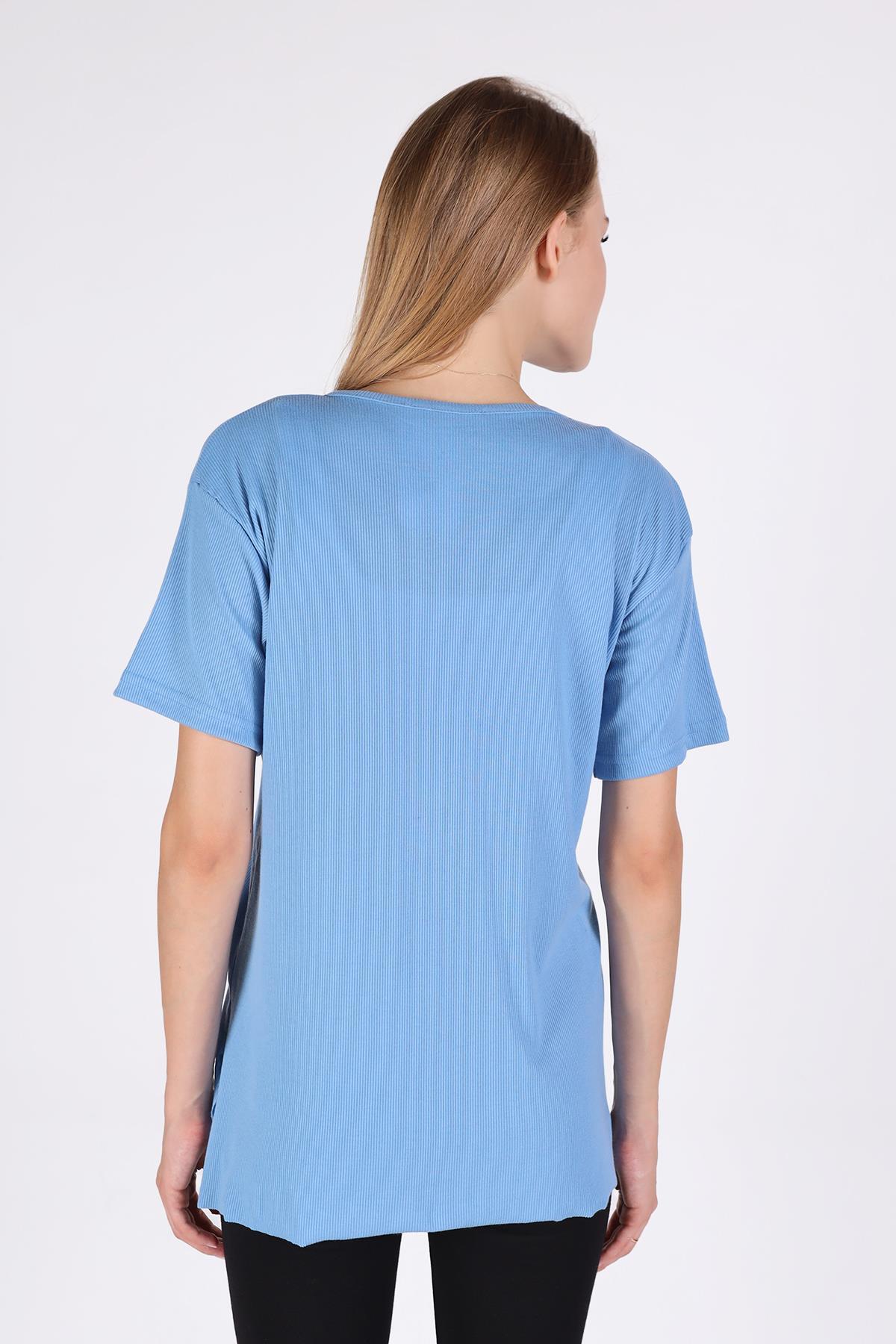 Mavi V Yaka Kısa Kol Kaşkorse Tişört 2971 - 4