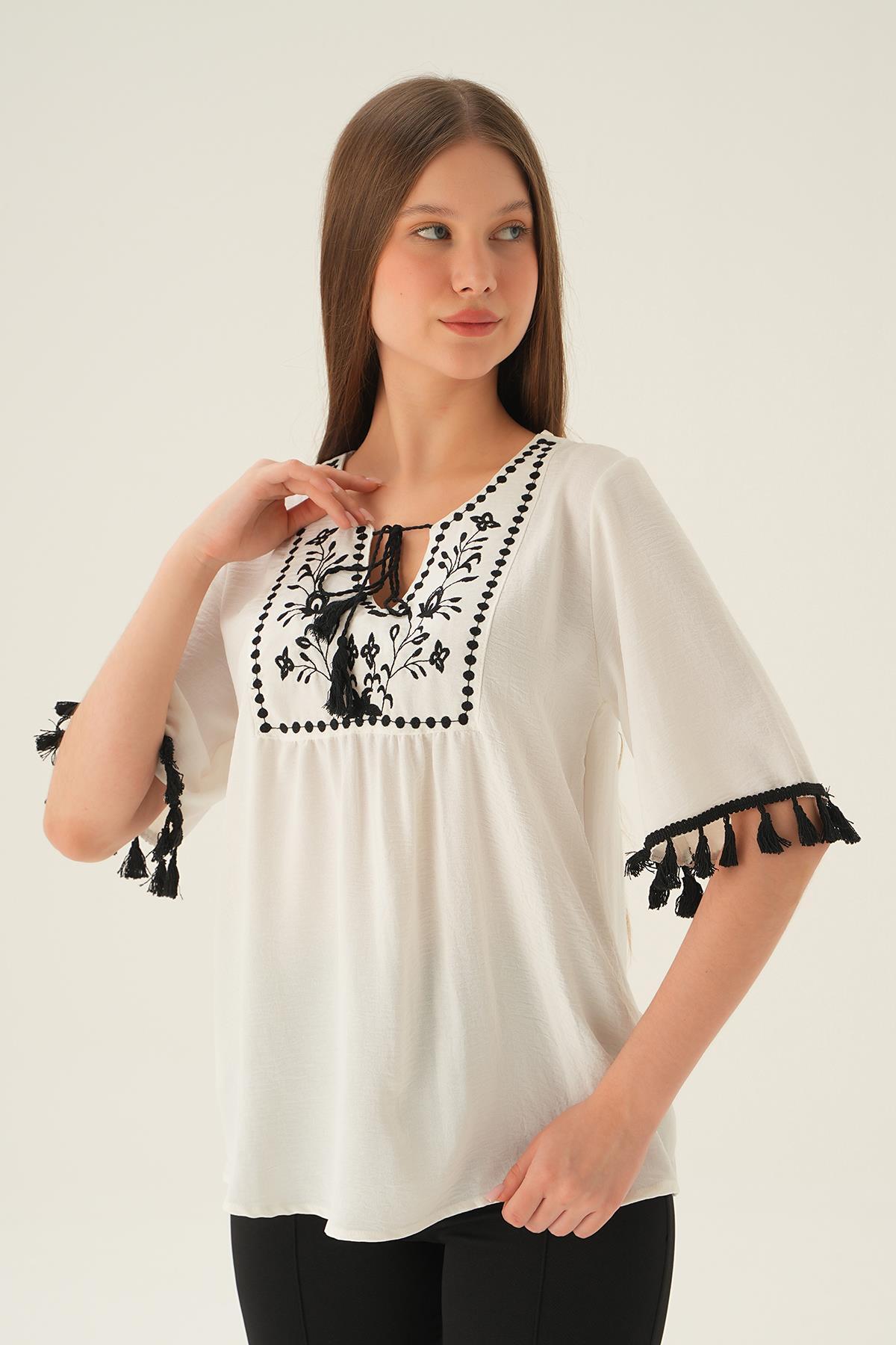 2974 Kol Püskül Detay Bluz Ekru - 4