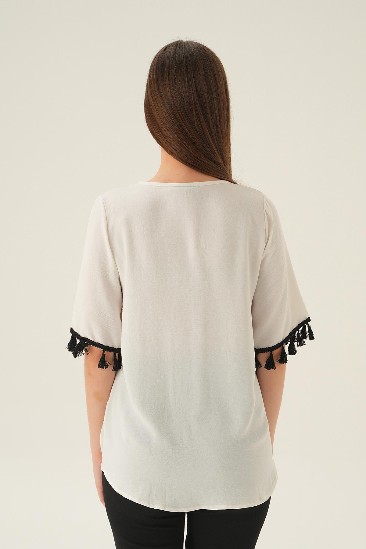 Ekru Kol Püskül Detay Bluz 2974 - 3
