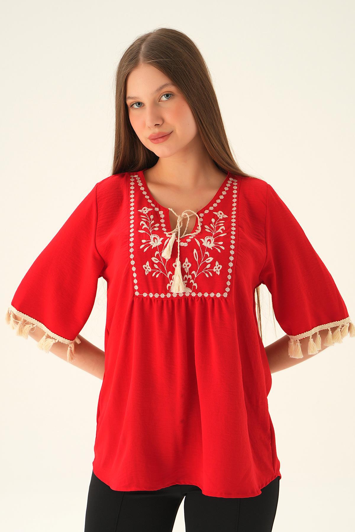 2974 Kol Püskül Detay Bluz Kırmızı - 4