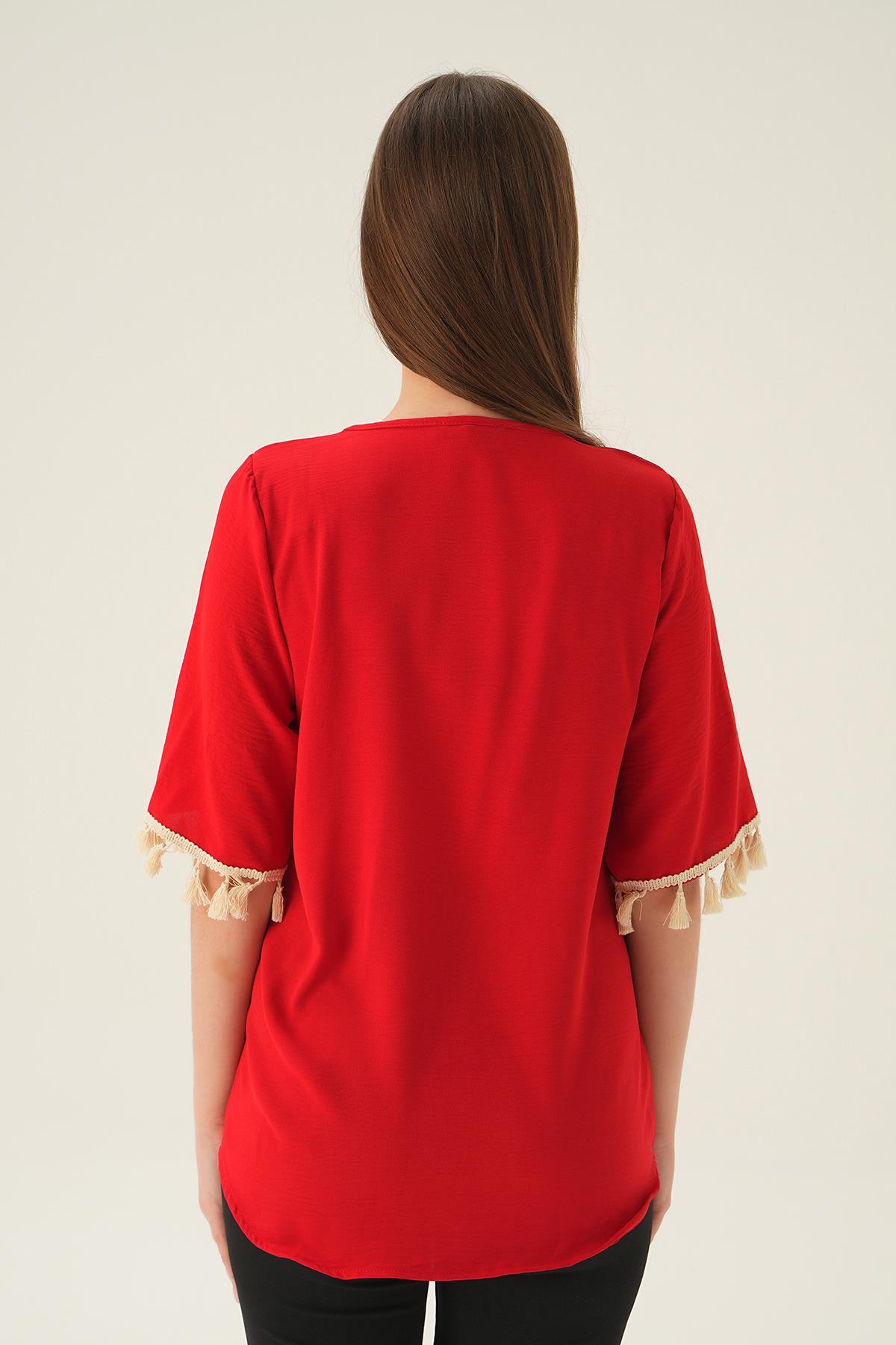 2974 Kol Püskül Detay Bluz Kırmızı - 5