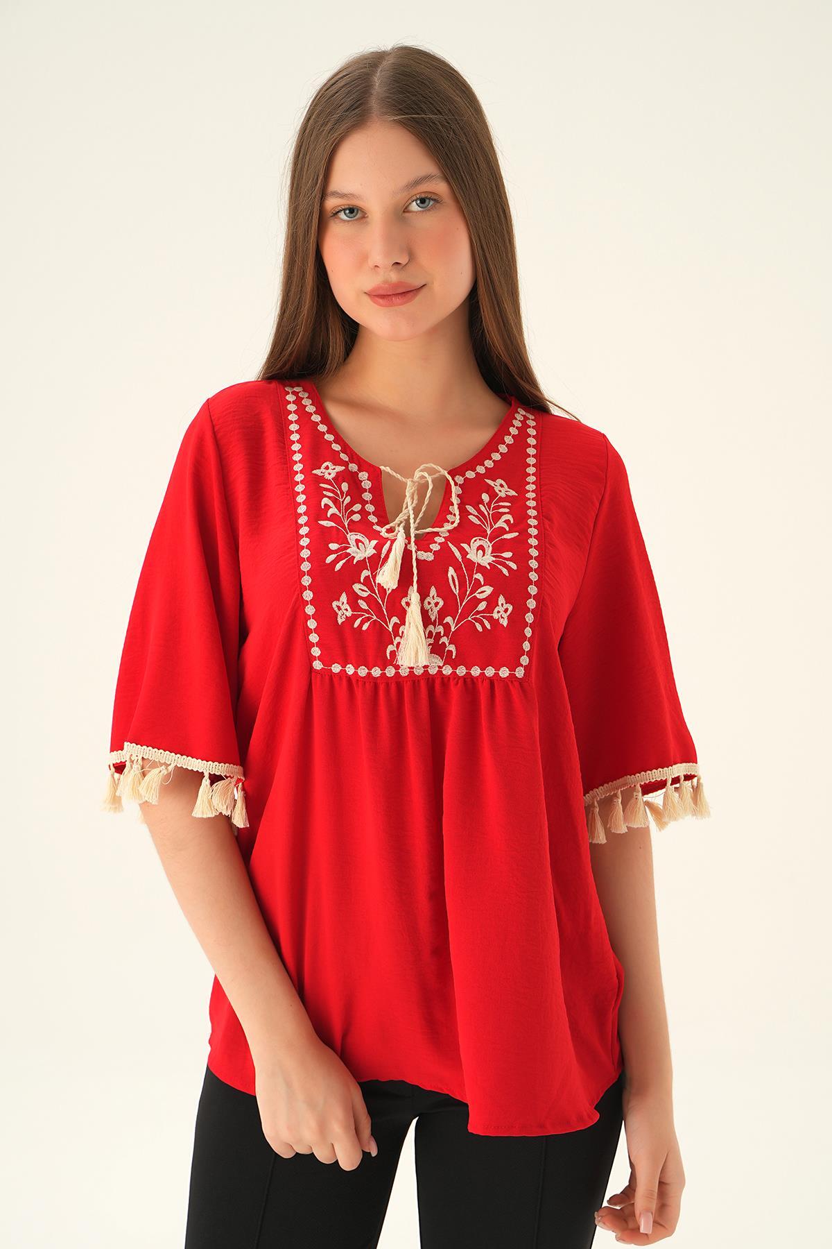 Kırmızı Kol Püskül Detay Bluz 2974 - 1
