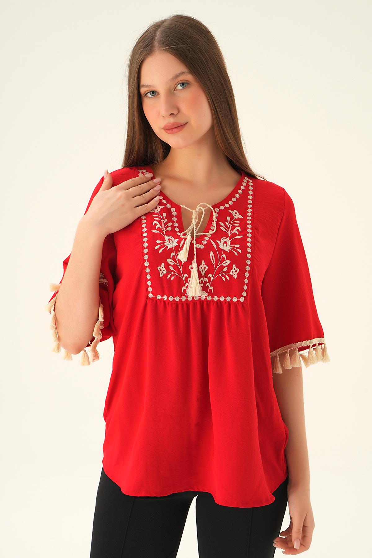 Kırmızı Kol Püskül Detay Bluz 2974 - 2