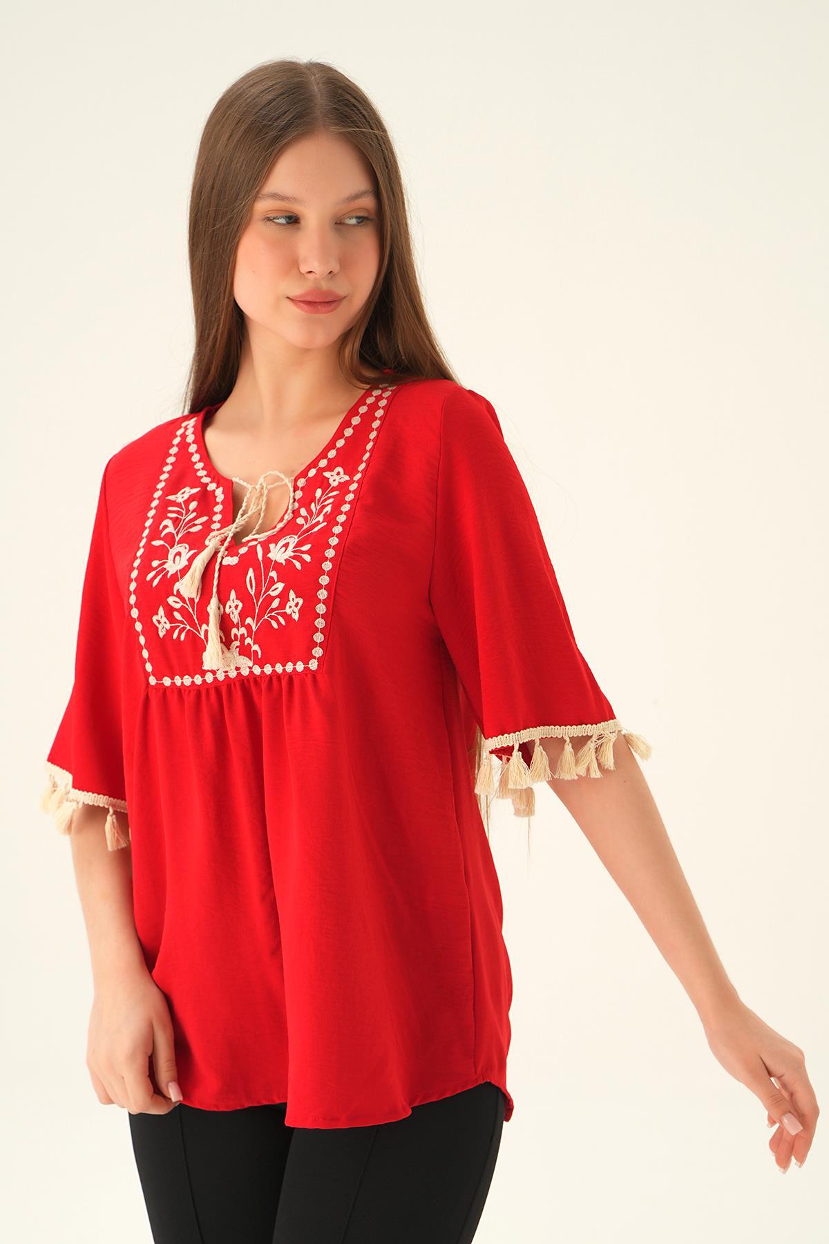 Kırmızı Kol Püskül Detay Bluz 2974 - 3