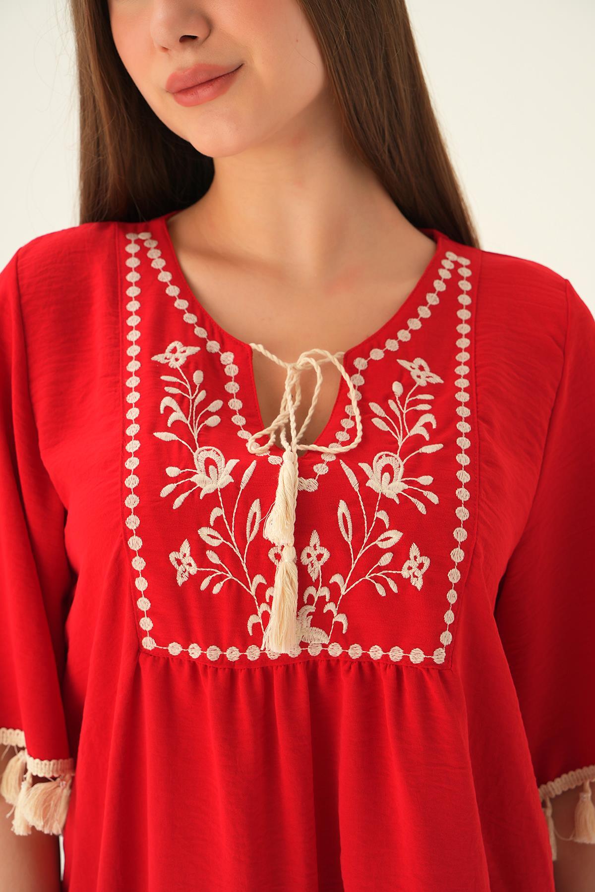 Kırmızı Kol Püskül Detay Bluz 2974 - 6