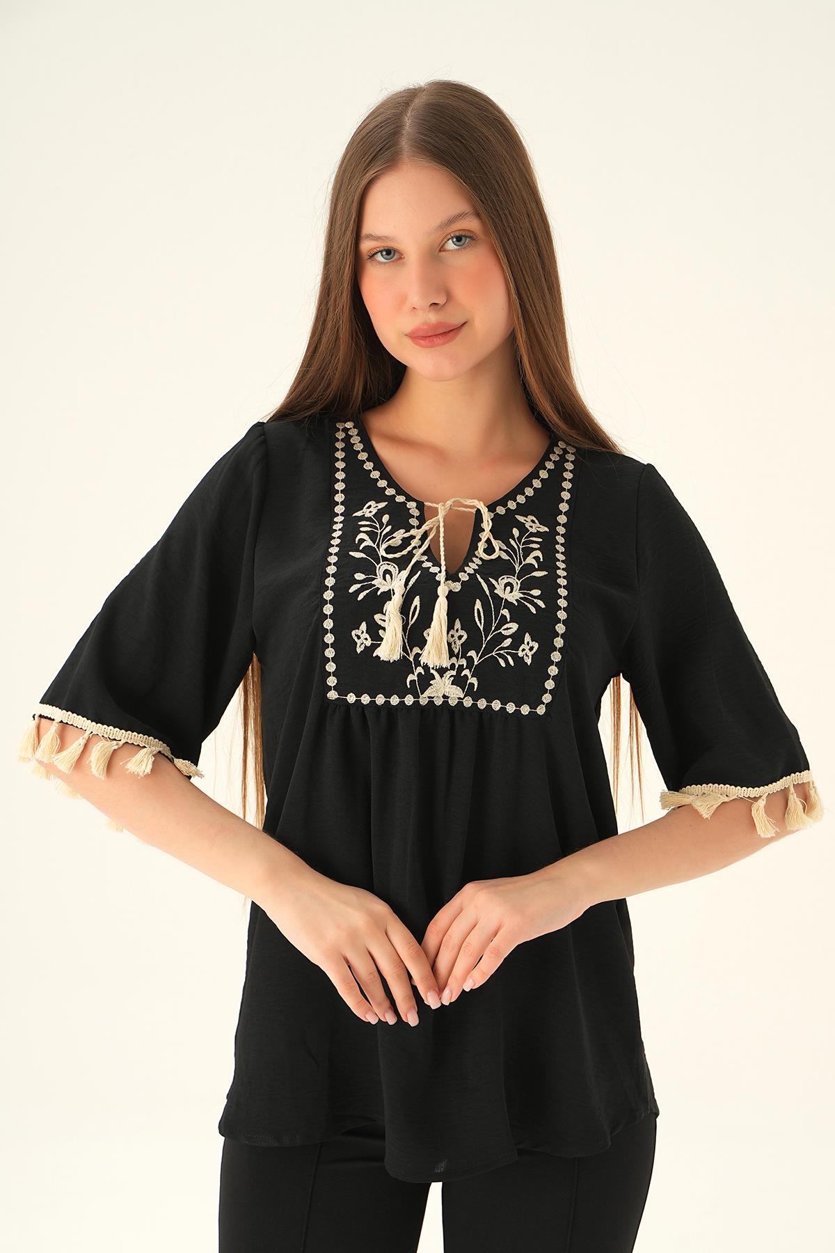 2974 Kol Püskül Detay Bluz Siyah - 5