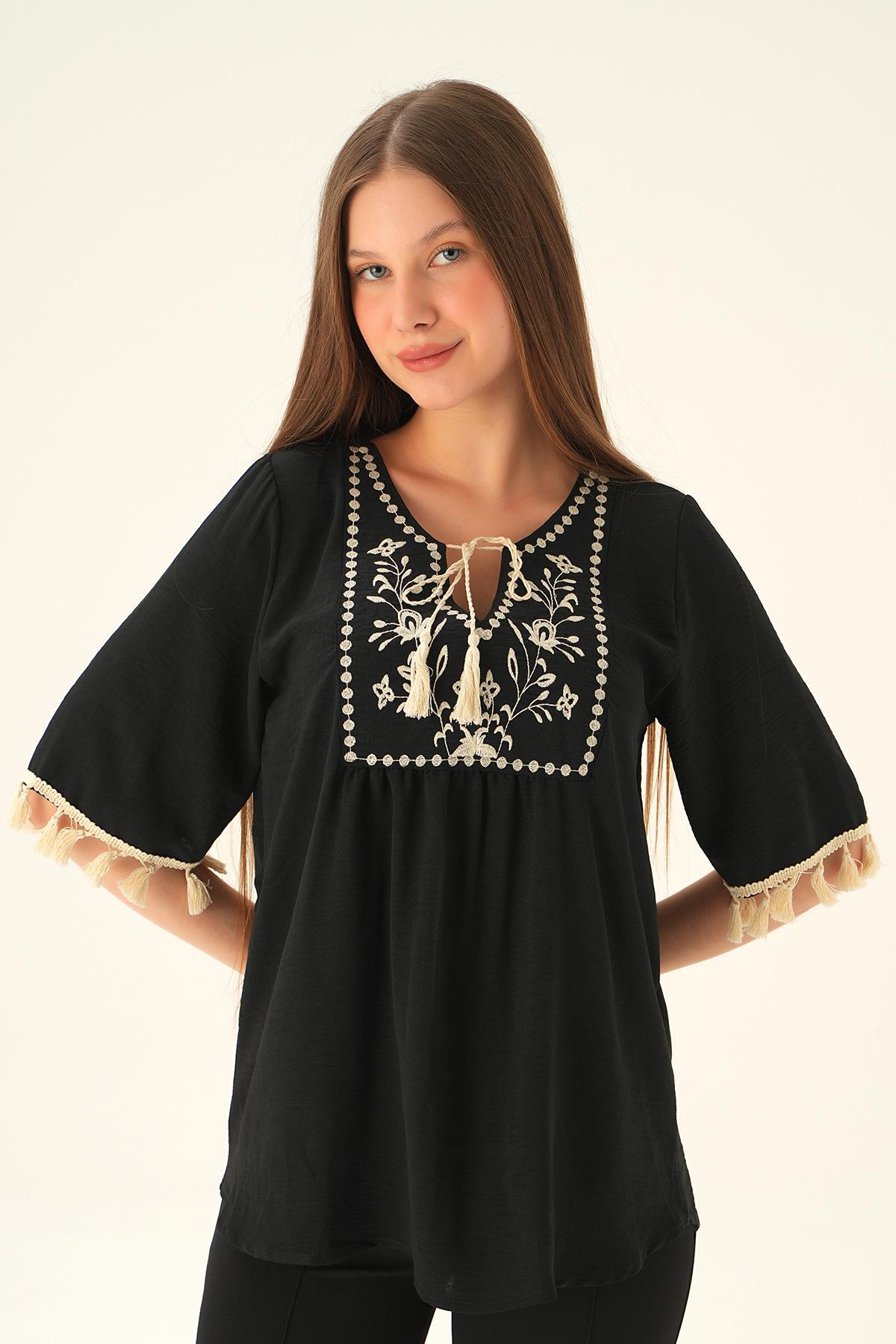 2974 Kol Püskül Detay Bluz Siyah - 6