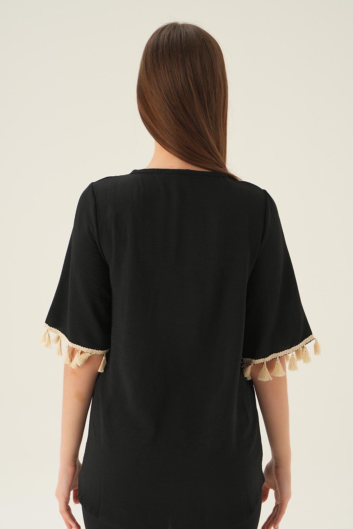 Siyah Kol Püskül Detay Bluz 2974 - 2