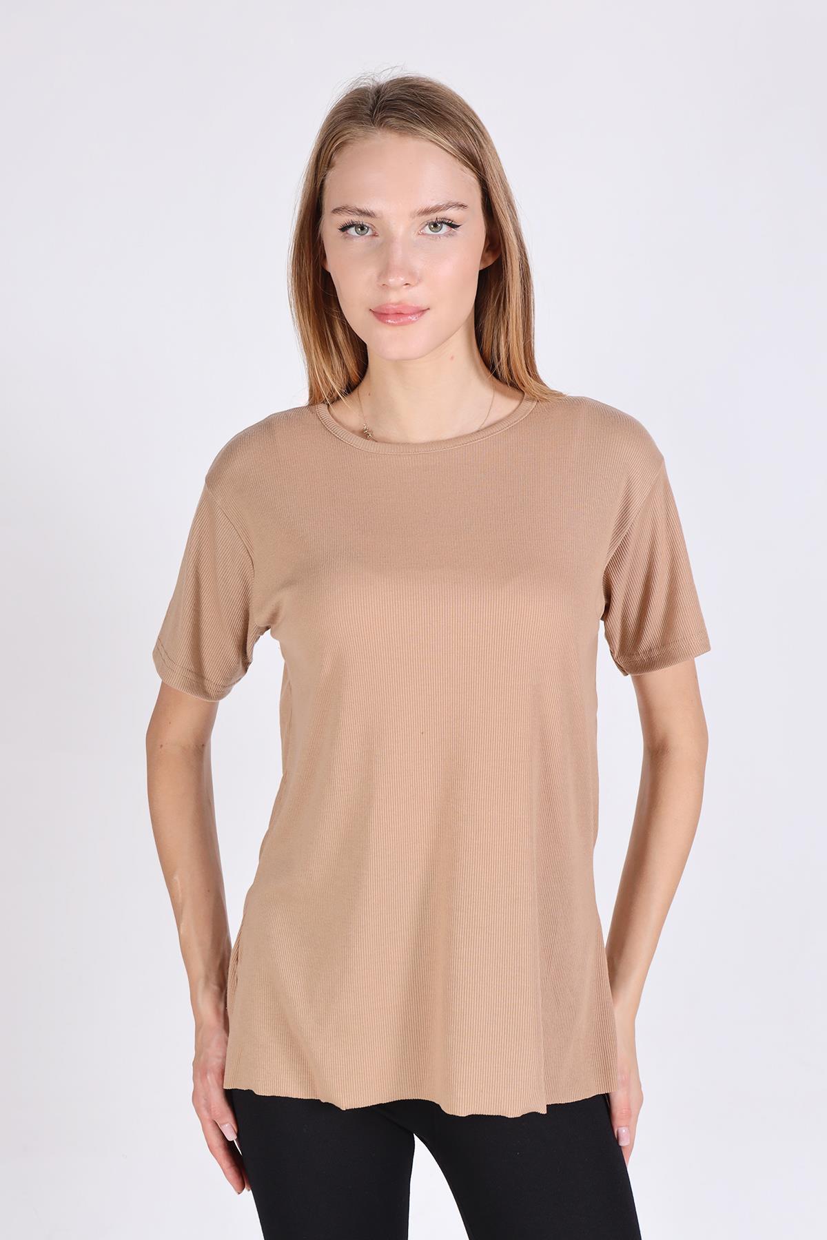 2991 Bisiklet Yaka Kaşkorse Tişört Vizon 