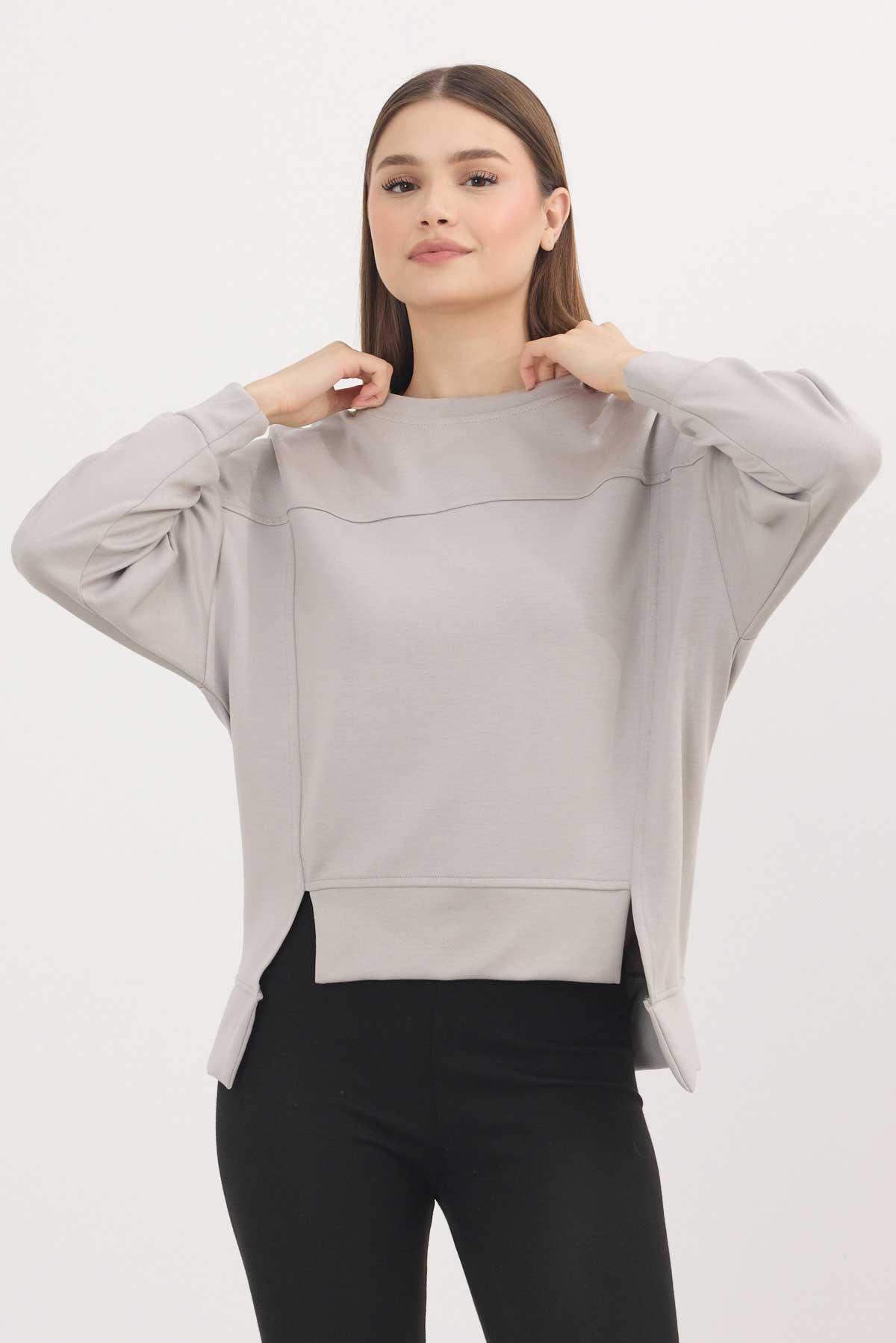 Açık Gri Bisiklet Yaka Parçalı Sweat 3000 - 3