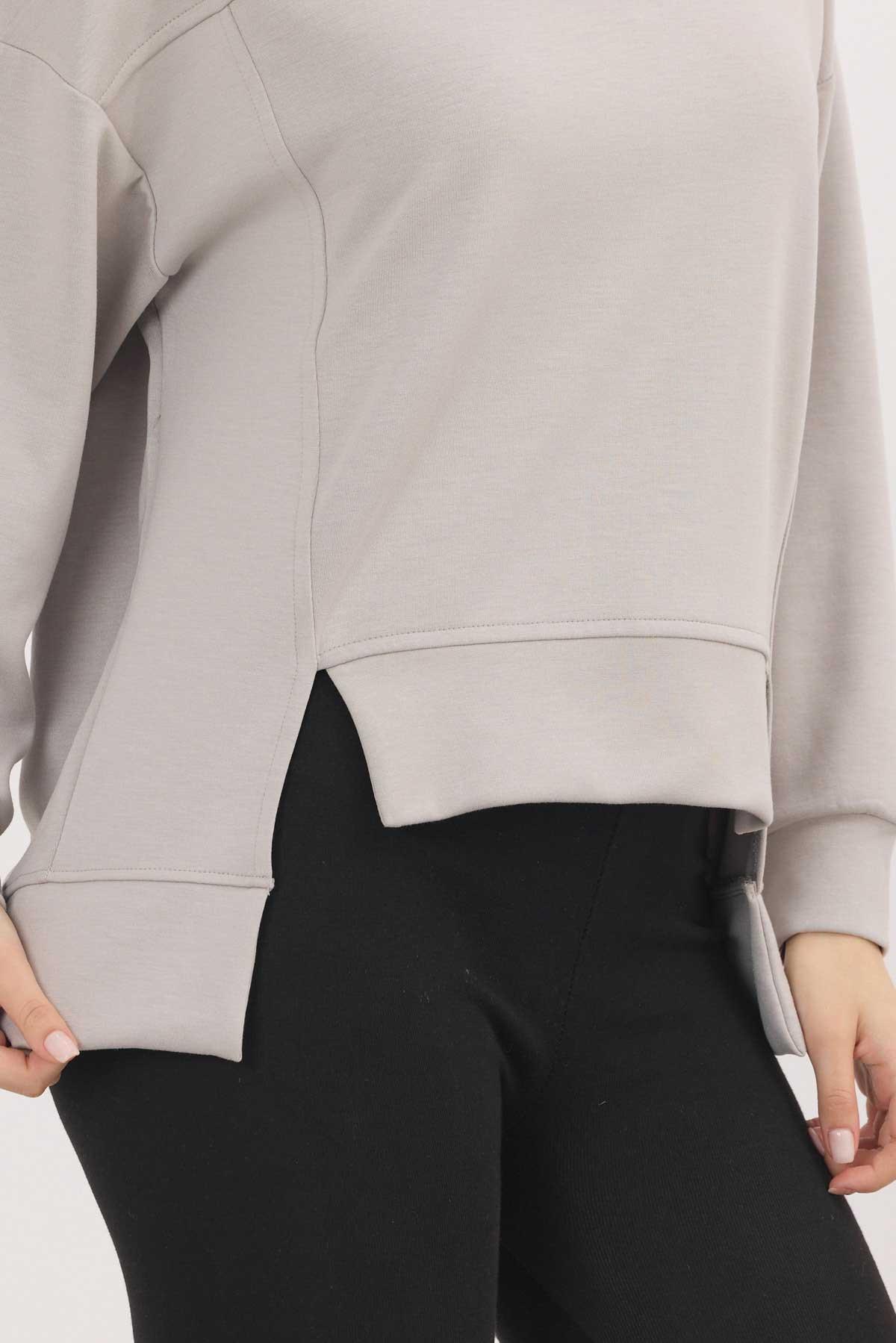 Açık Gri Bisiklet Yaka Parçalı Sweat 3000 - 4