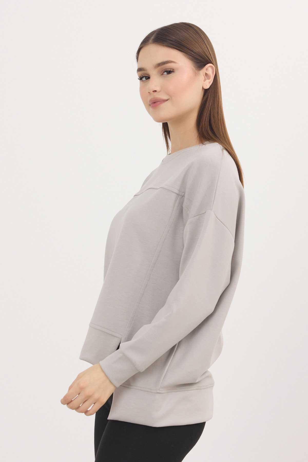 Açık Gri Bisiklet Yaka Parçalı Sweat 3000 - 7