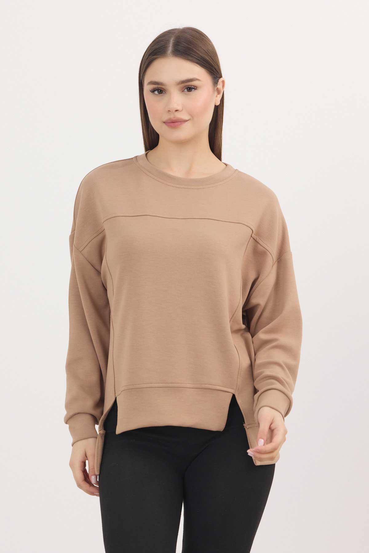 3000 Bisiklet Yaka Parçalı Sweat Camel - 1