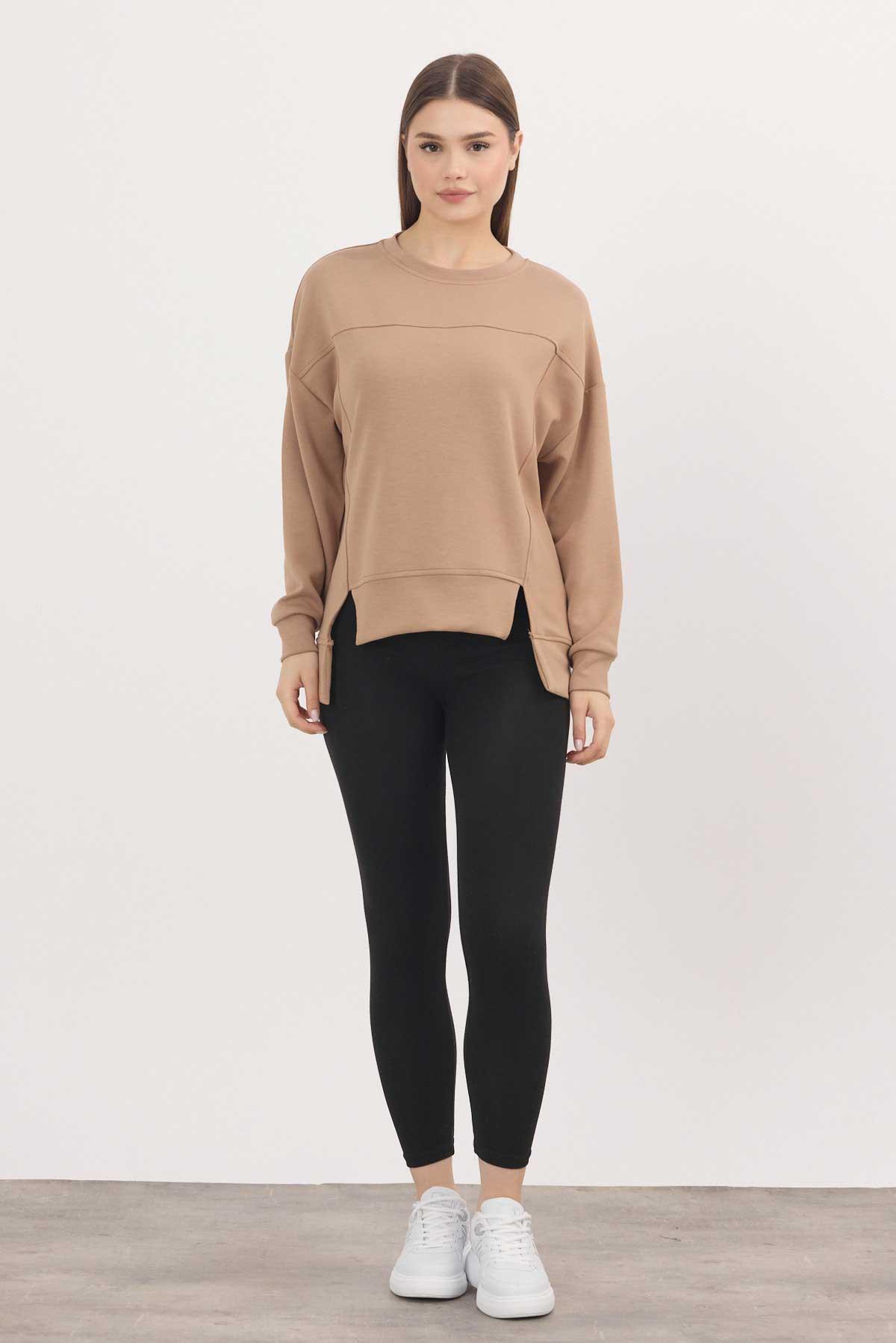 3000 Bisiklet Yaka Parçalı Sweat Camel - 2