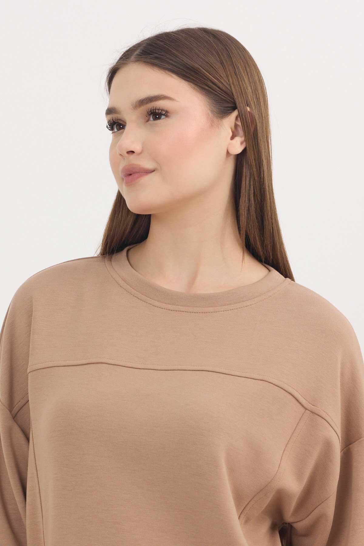 3000 Bisiklet Yaka Parçalı Sweat Camel - 5
