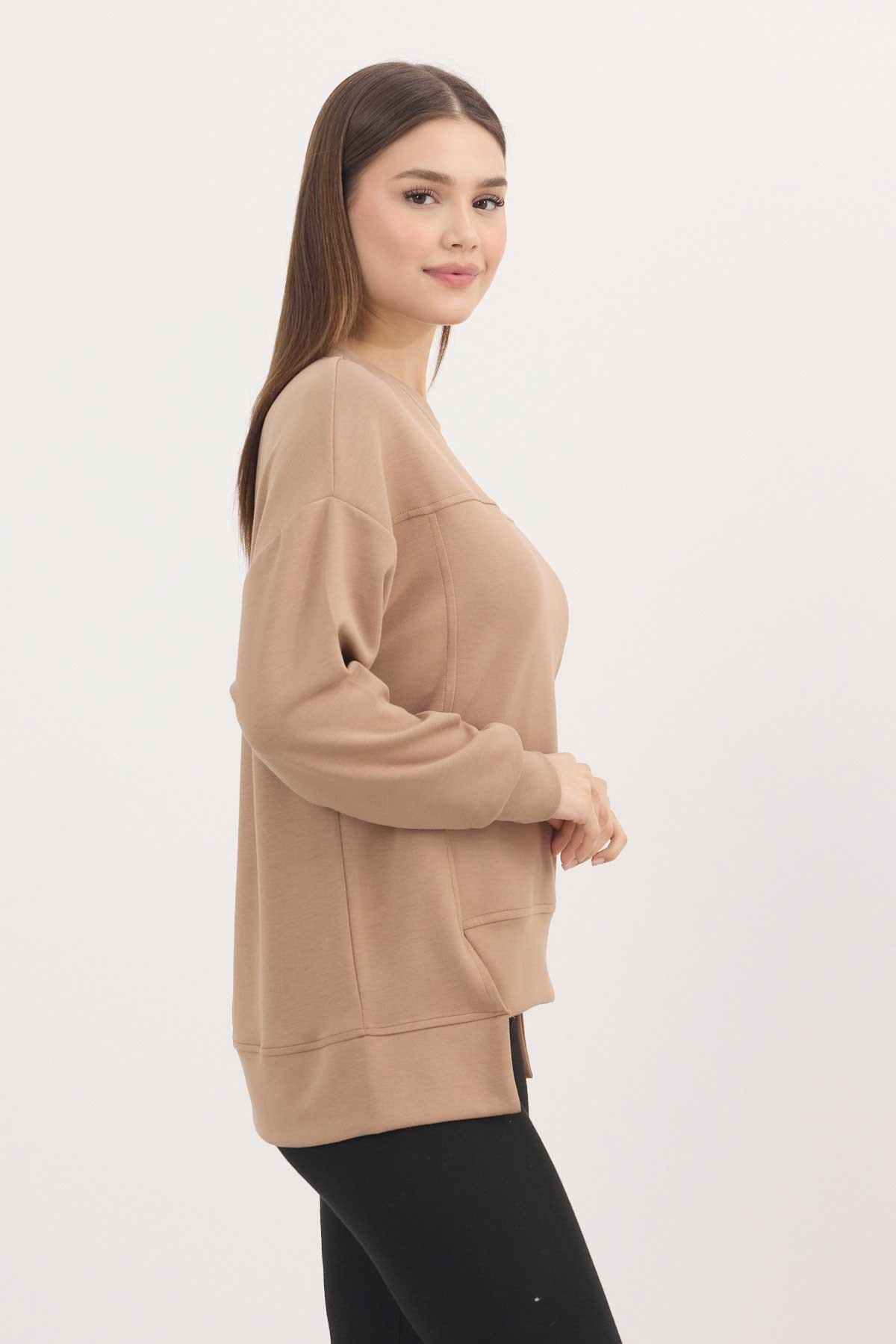 3000 Bisiklet Yaka Parçalı Sweat Camel - 7