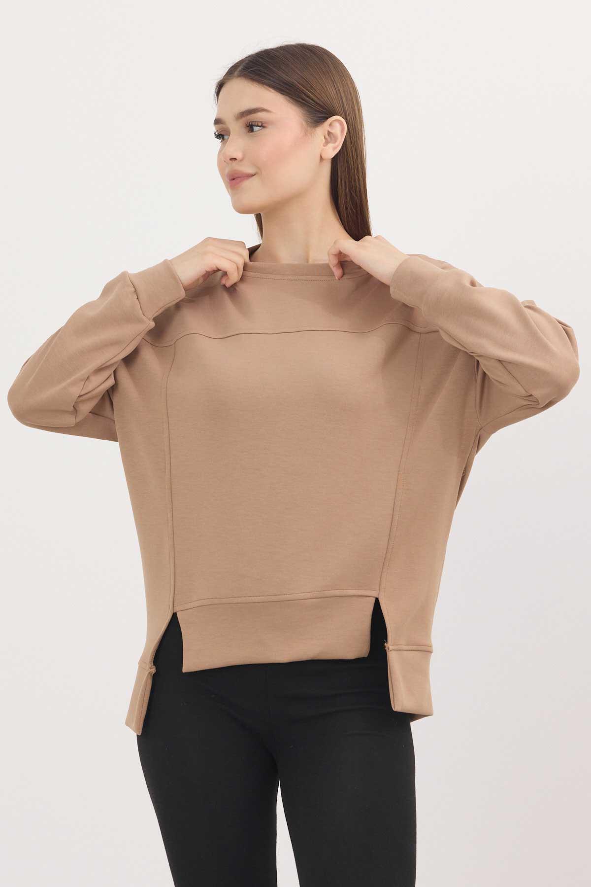 3000 Bisiklet Yaka Parçalı Sweat Camel - 3