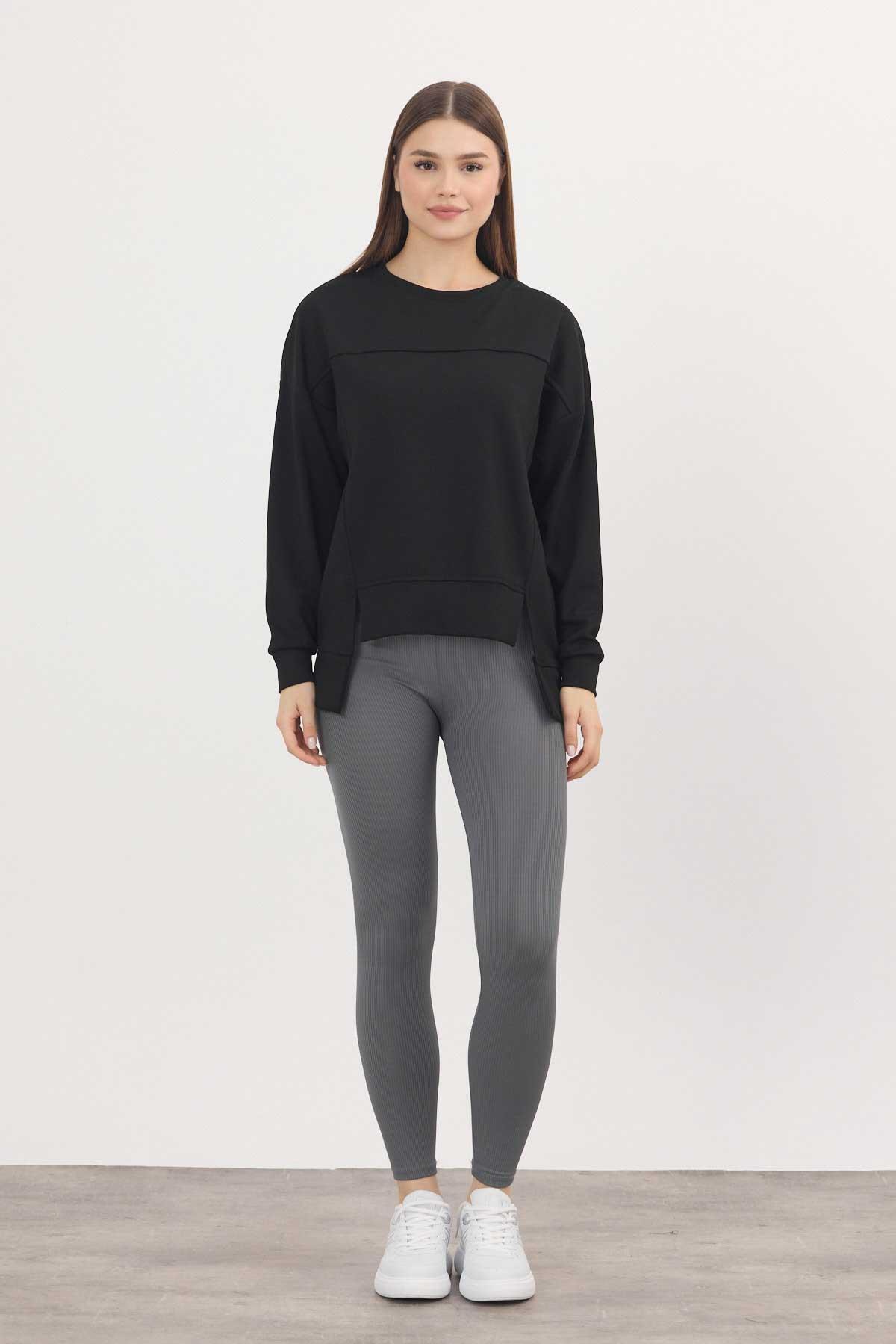 3000 Bisiklet Yaka Parçalı Sweat Siyah - 2