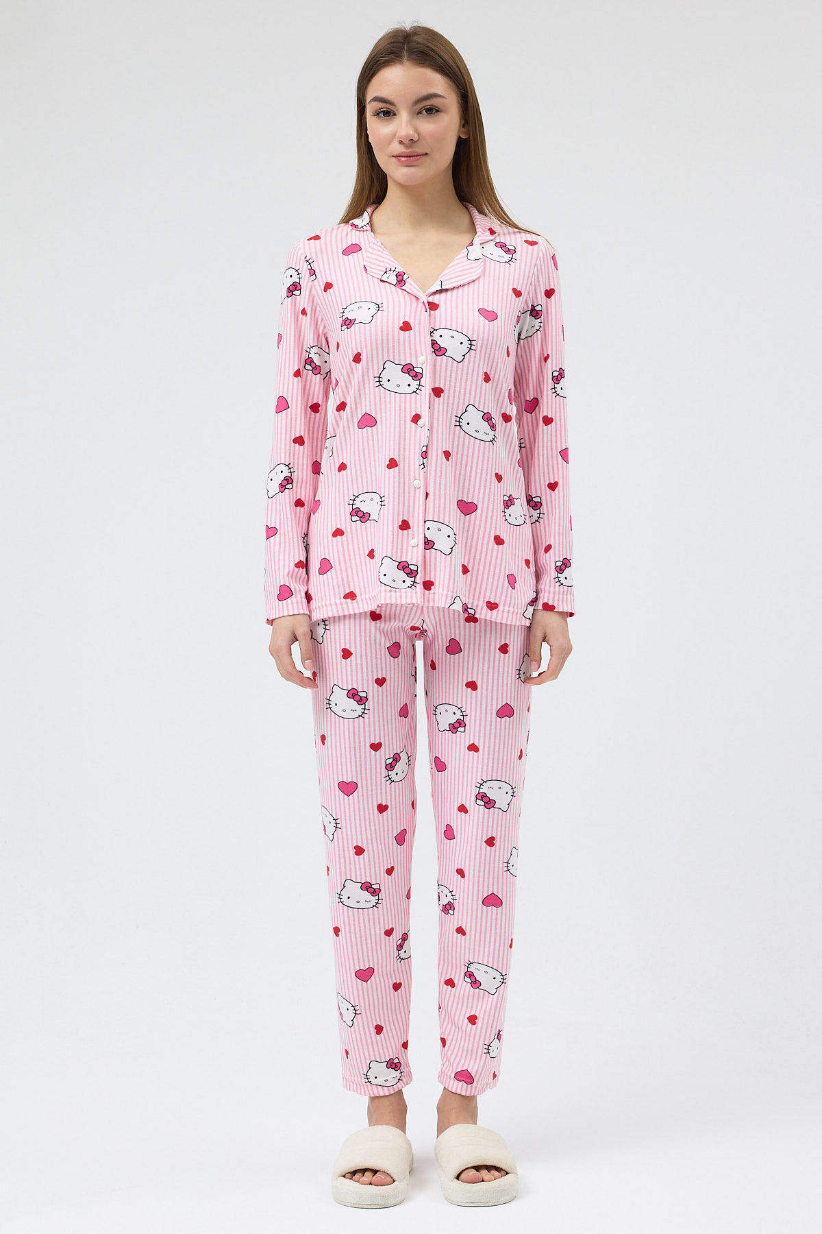 Pembe Desenli Düğmeli Kadın Pijama Takımı 3000 - 1