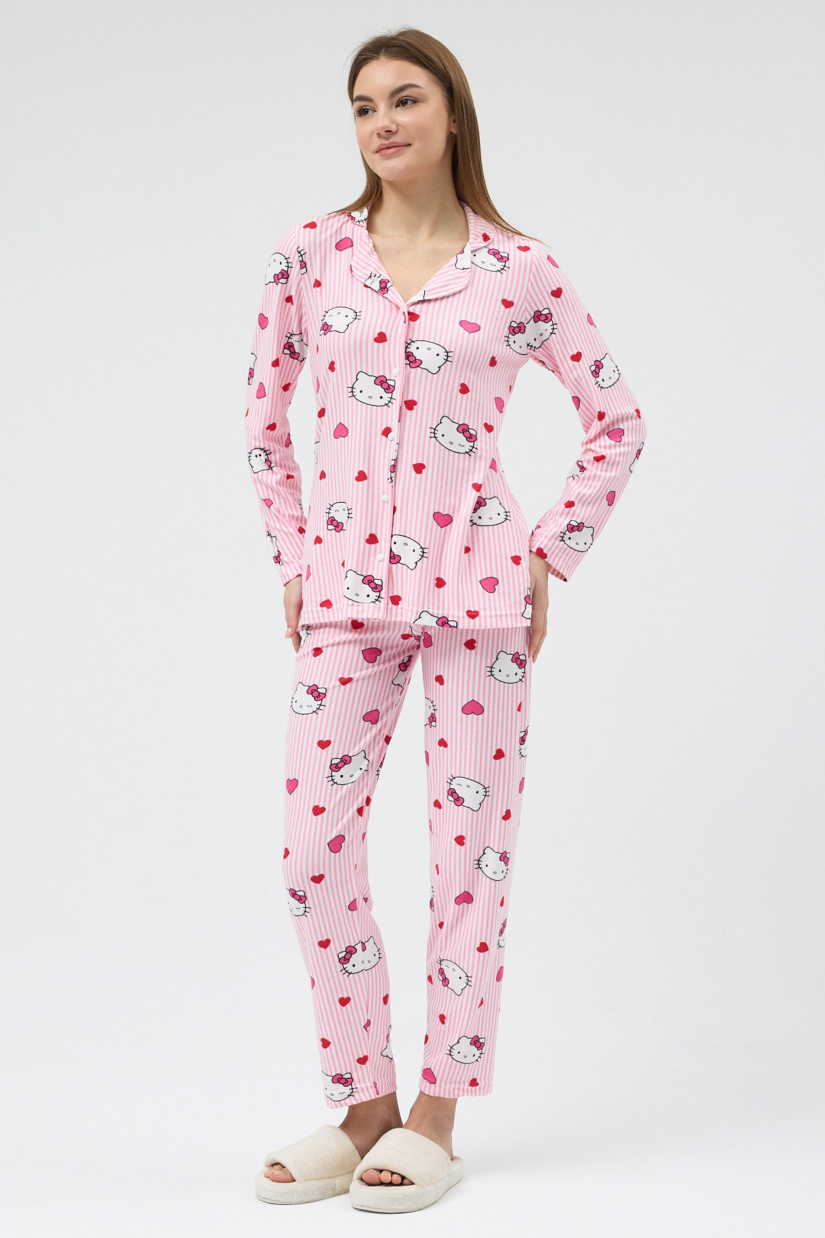 Pembe Desenli Düğmeli Kadın Pijama Takımı 3000 - 2