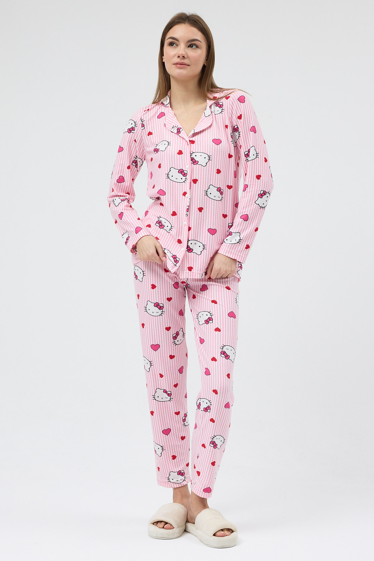 Pembe Desenli Düğmeli Kadın Pijama Takımı 3000 - 3