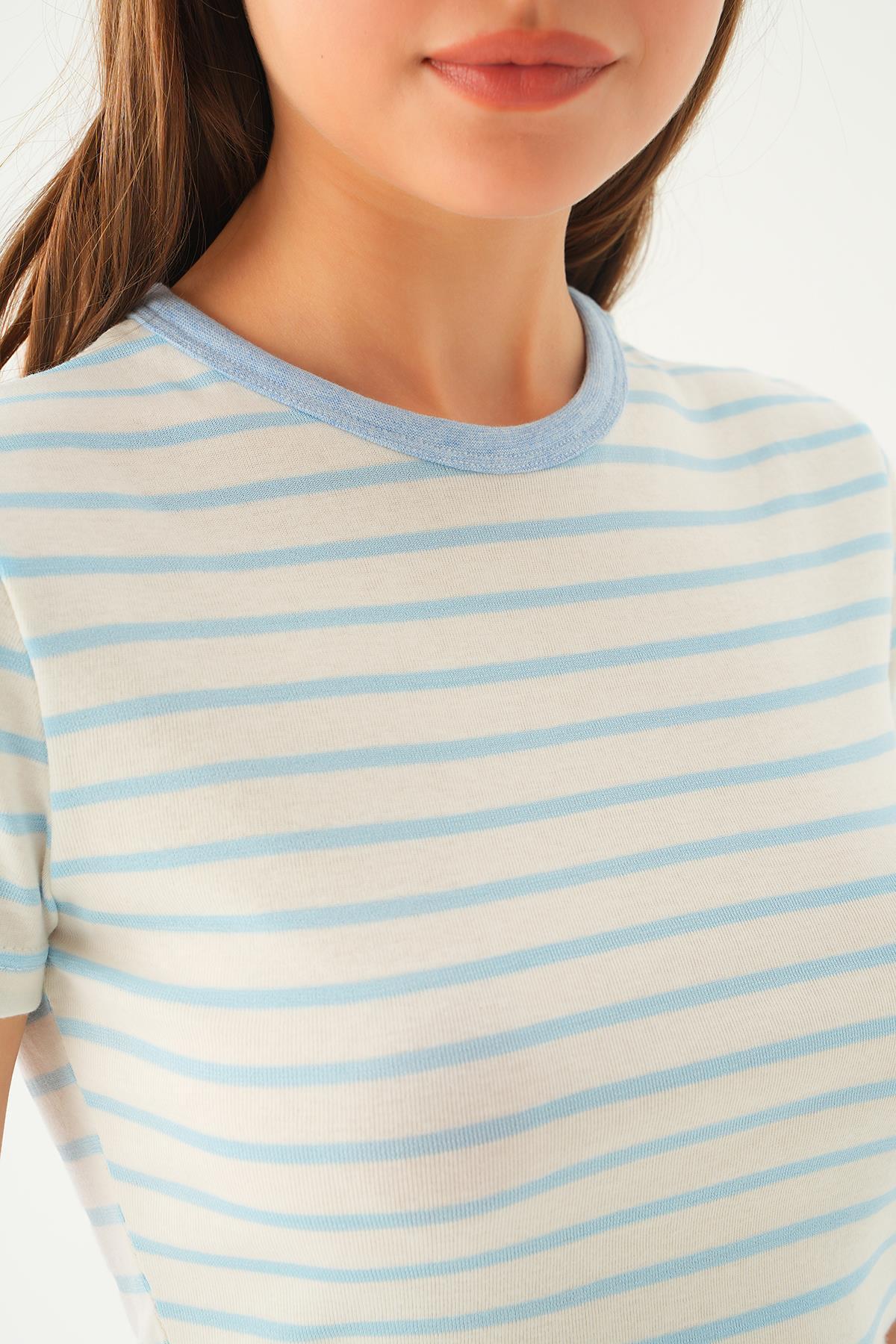 Bebe Mavi Çizgili Kısa Tişört 3001 - 5