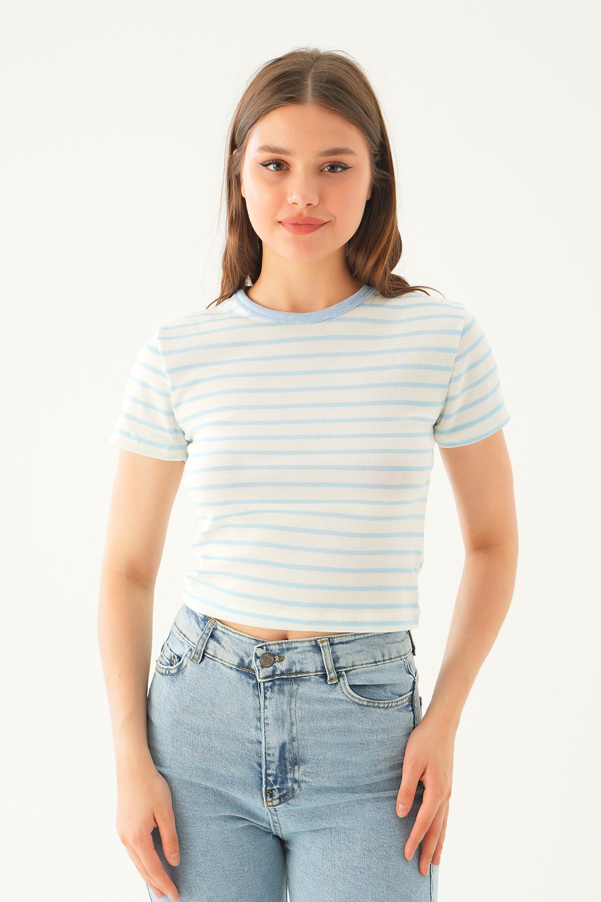 Bebe Mavi Çizgili Kısa Tişört 3001 - 6