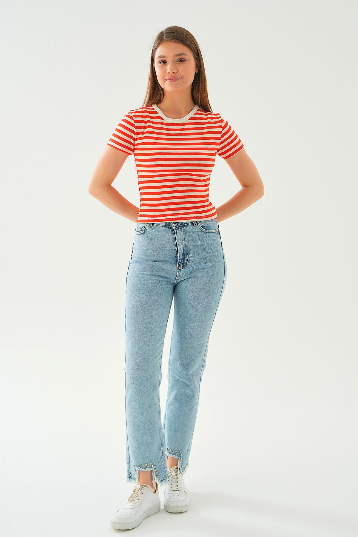 Orange Çizgili Kısa Tişört 3001 - 2