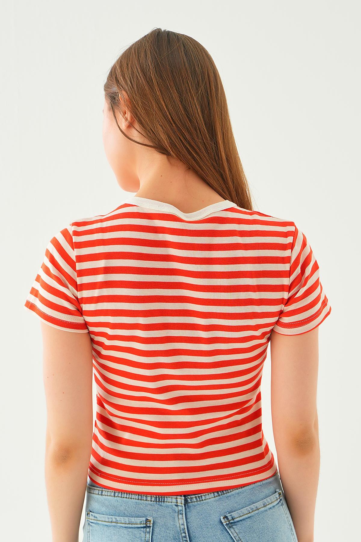 Orange Çizgili Kısa Tişört 3001 - 5