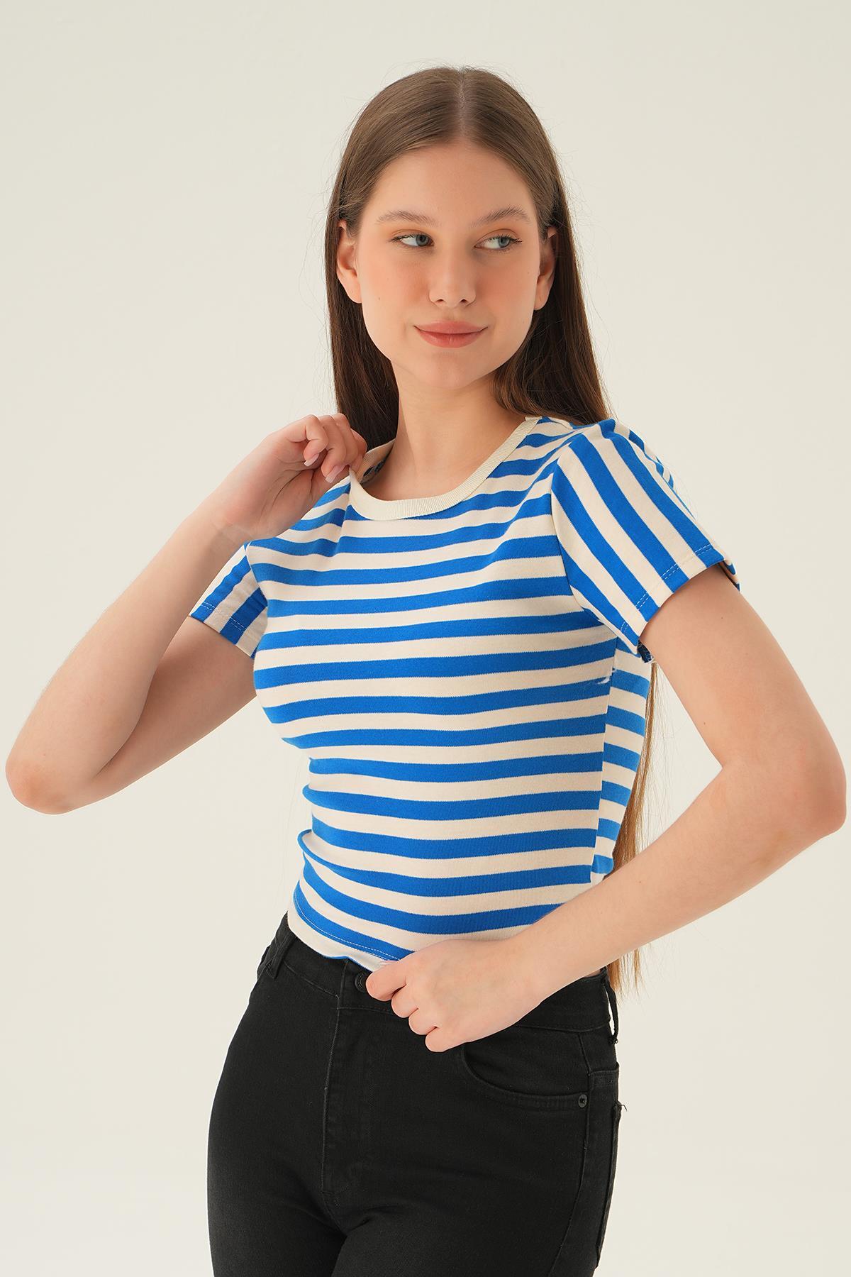 Saks Çizgili Kısa Tişört 3001 - 3