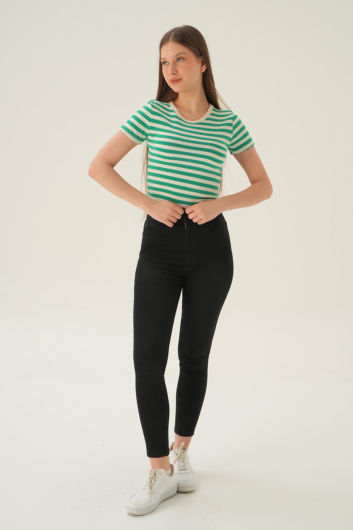 Yeşil Çizgili Kısa Tişört 3001 - 2