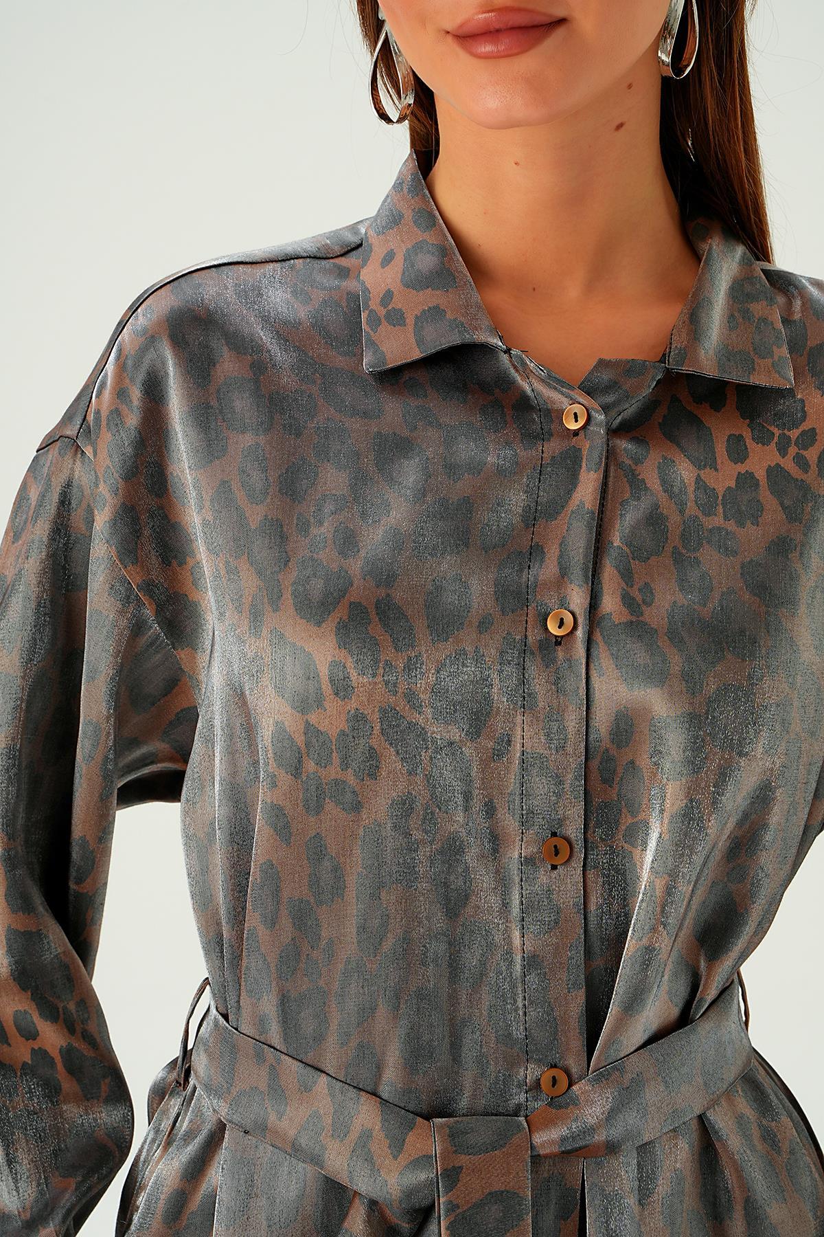 3001 Leopar Desen Pantolon Takım Kahve - 2