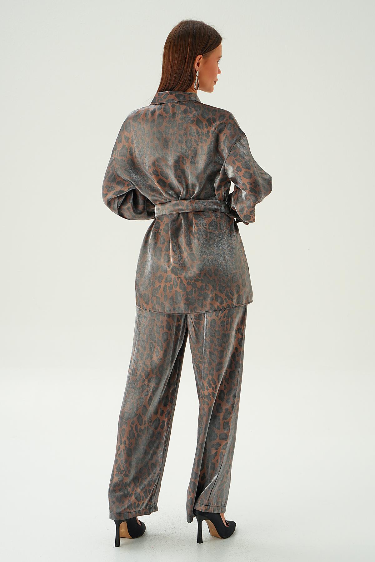 3001 Leopar Desen Pantolon Takım Kahve - 6