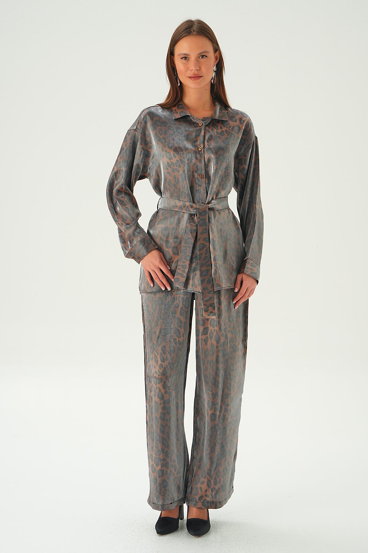 Kahve Leopar Desen Pantolon Takım 3001 - 3