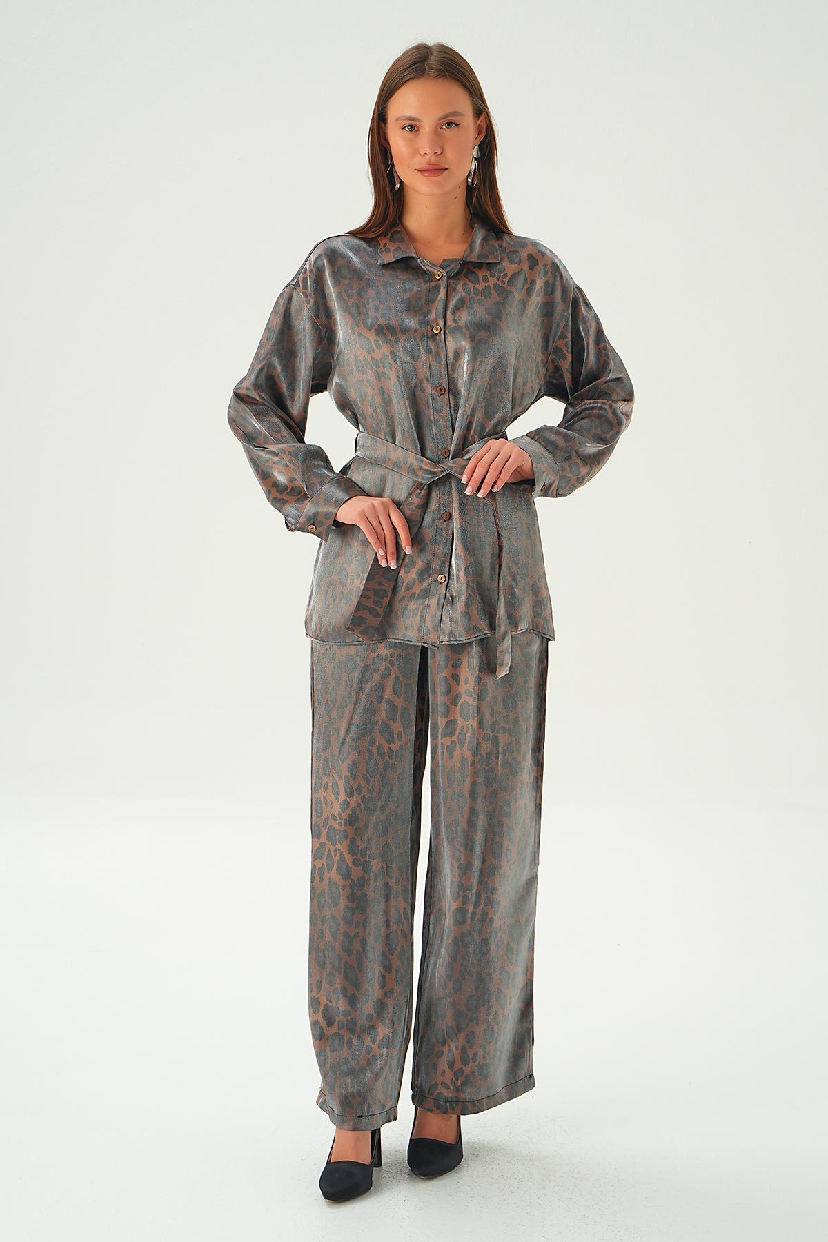 Kahve Leopar Desen Pantolon Takım 3001 - 4