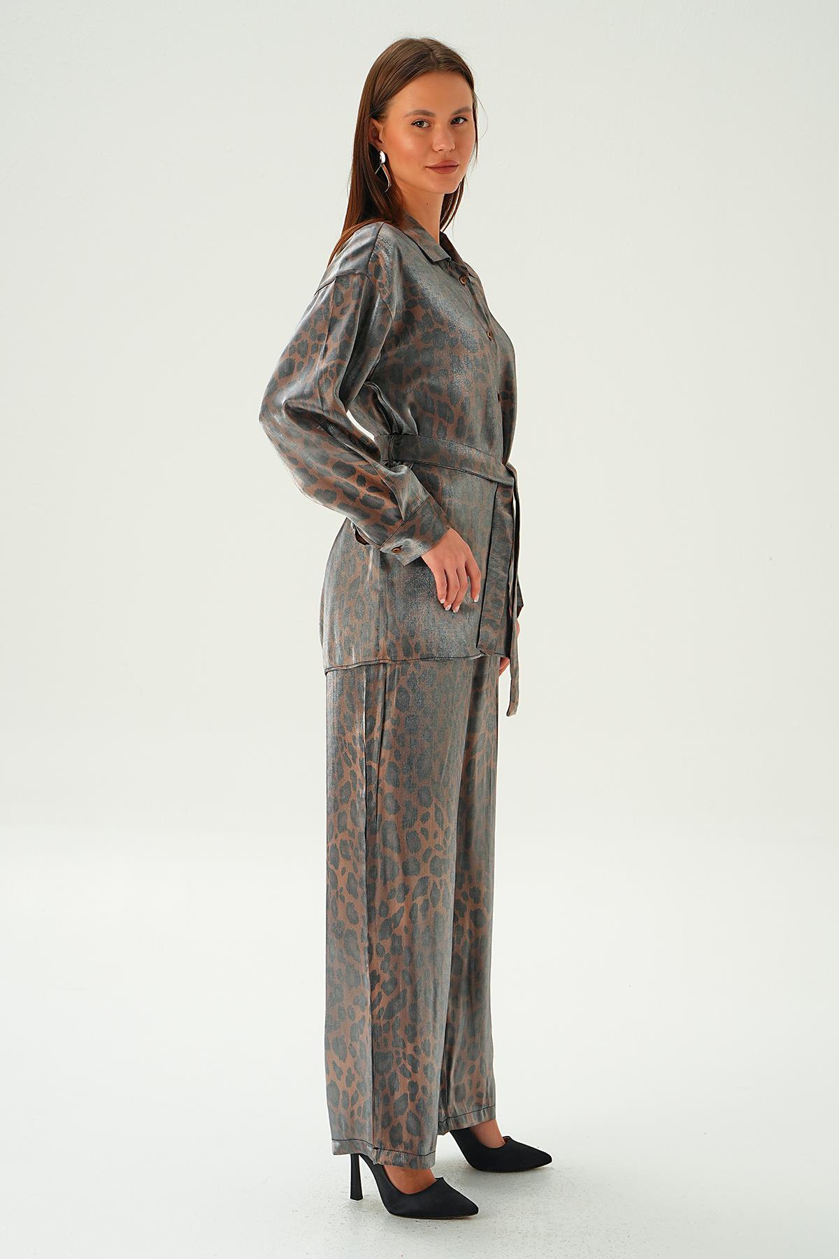 Kahve Leopar Desen Pantolon Takım 3001 - 5