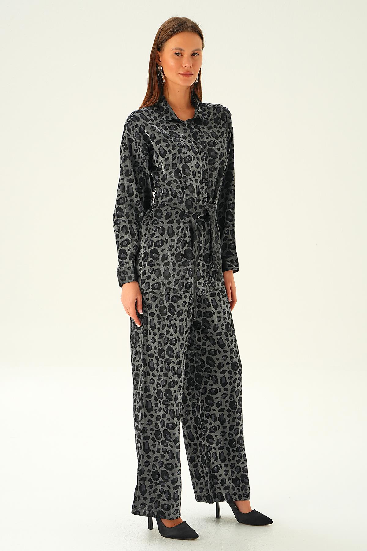 3001 Leopar Desen Pantolon Takım Siyah - 3