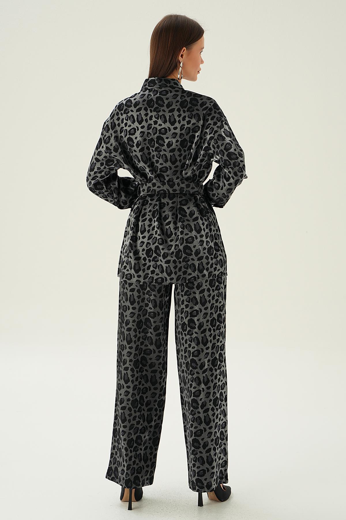 3001 Leopar Desen Pantolon Takım Siyah - 4