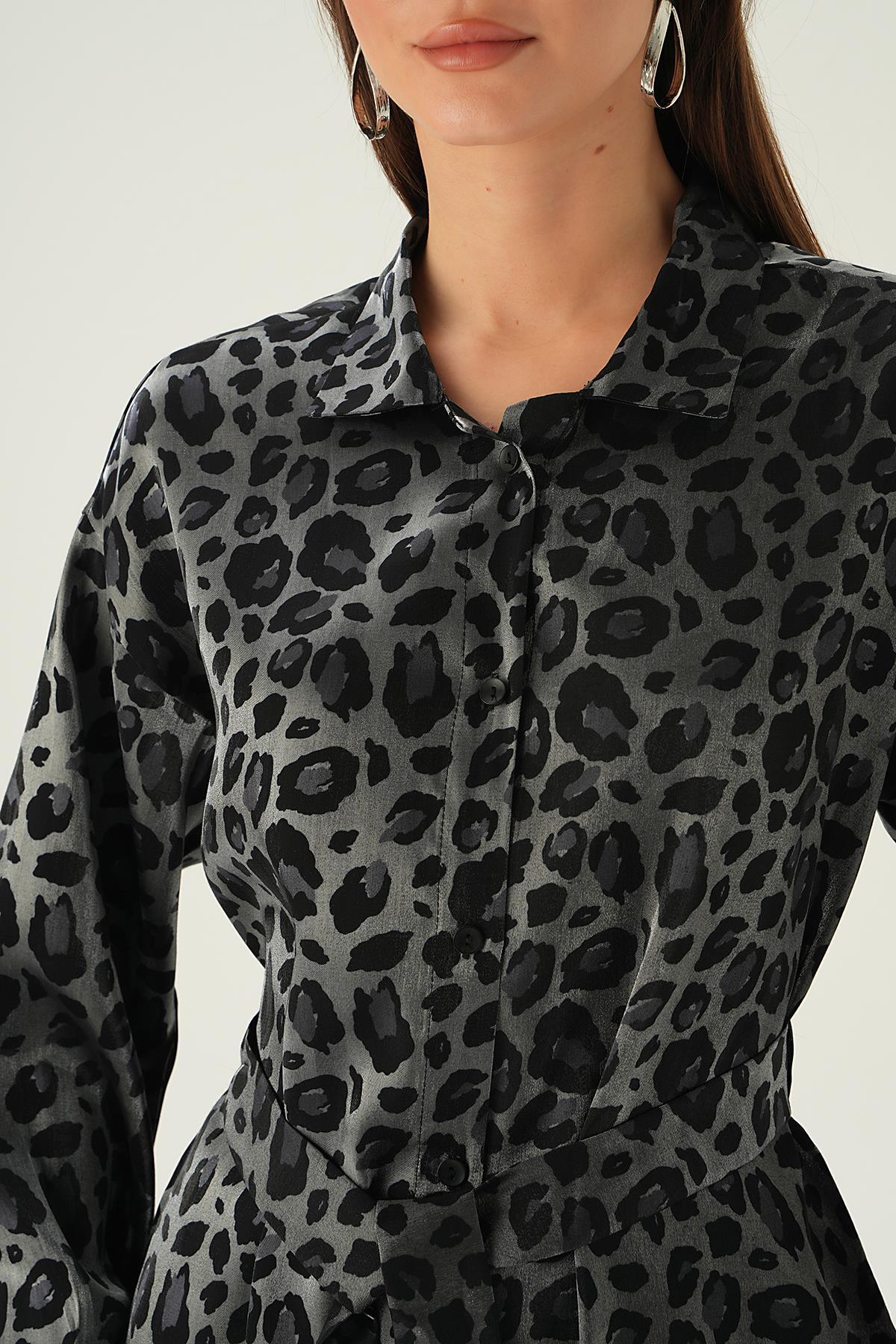 3001 Leopar Desen Pantolon Takım Siyah - 5