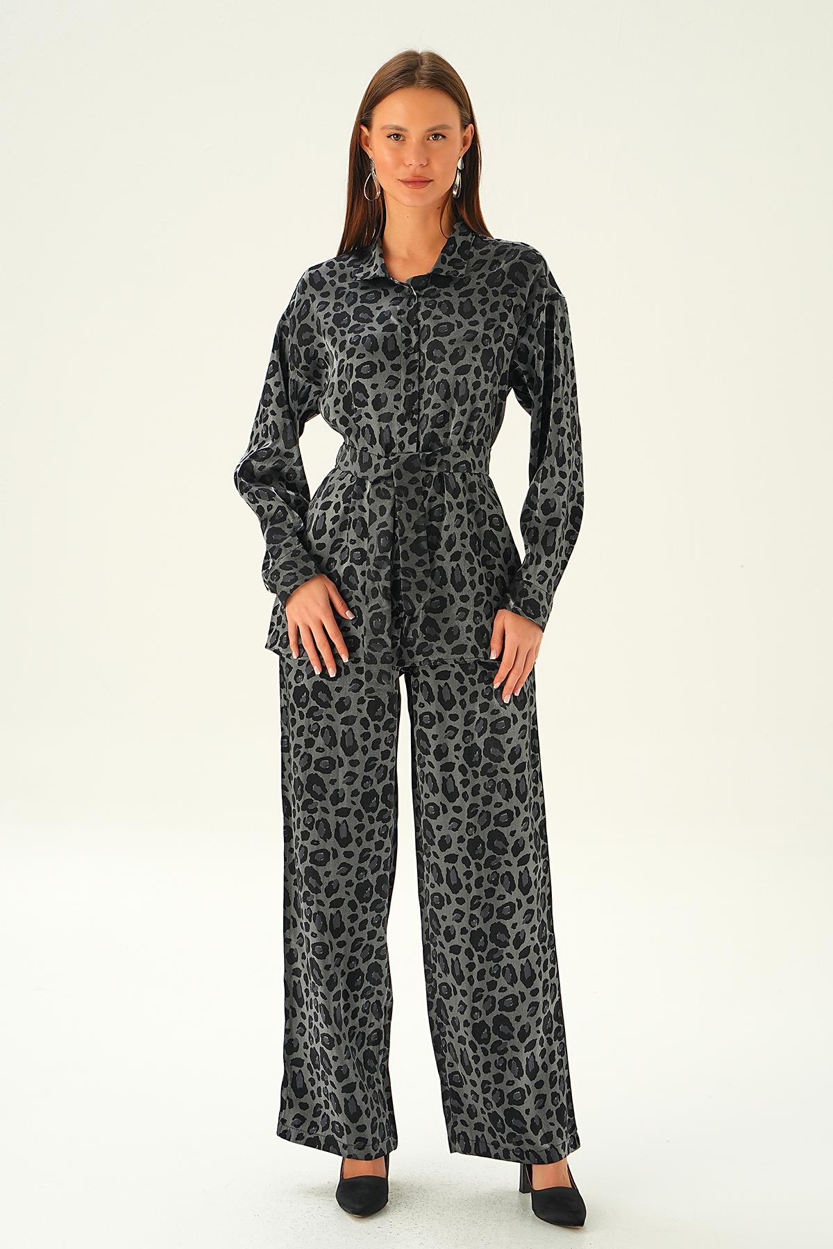 3001 Leopar Desen Pantolon Takım Siyah - 6