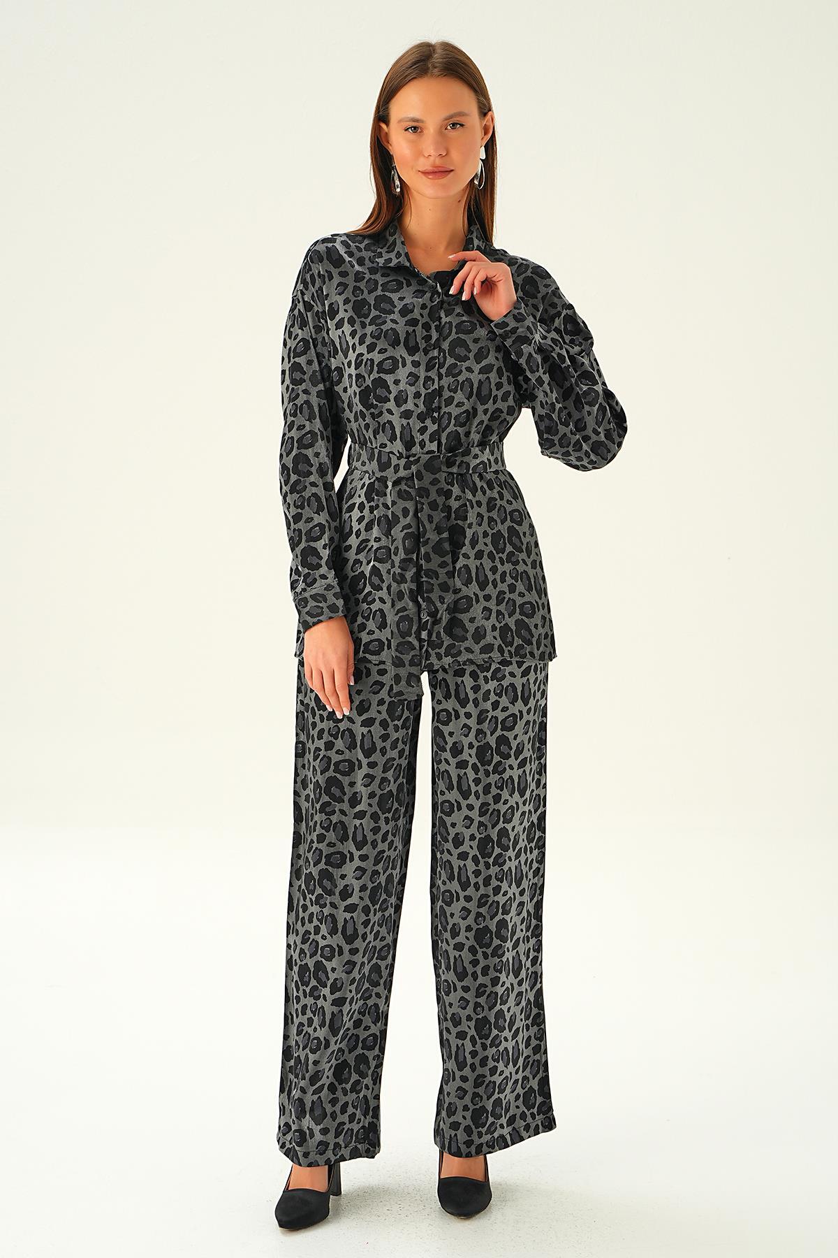 Siyah Leopar Desen Pantolon Takım 3001 