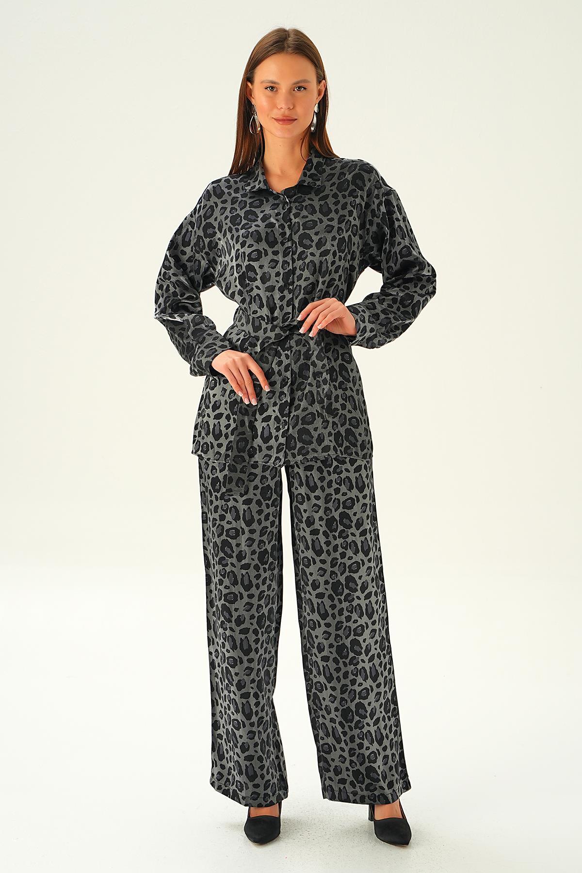 Siyah Leopar Desen Pantolon Takım 3001 - 2