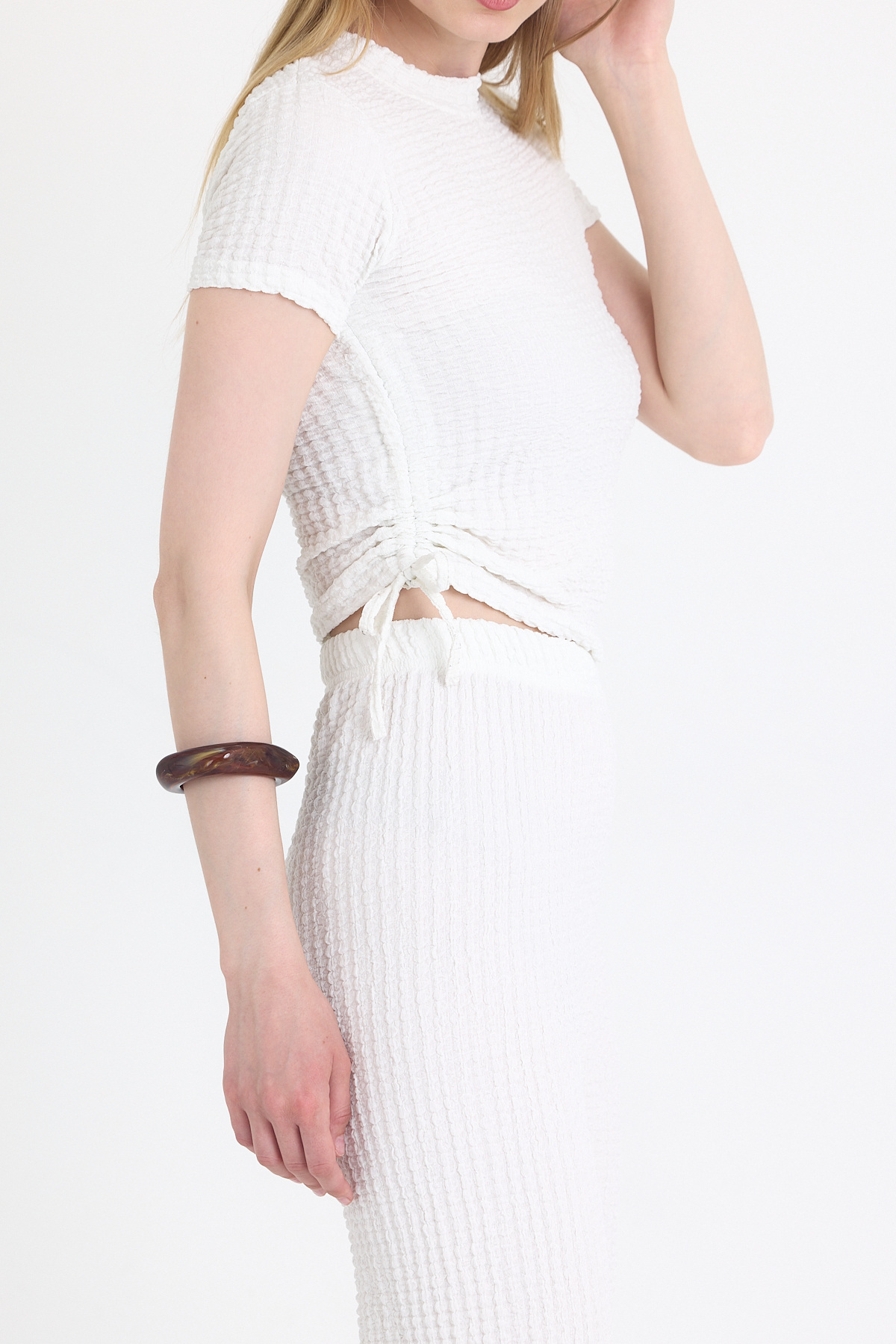 Beyaz Bürümcük Dokulu Büzgülü Crop ve Geniş Paça Pantolon Takımı 3001 - RAYS