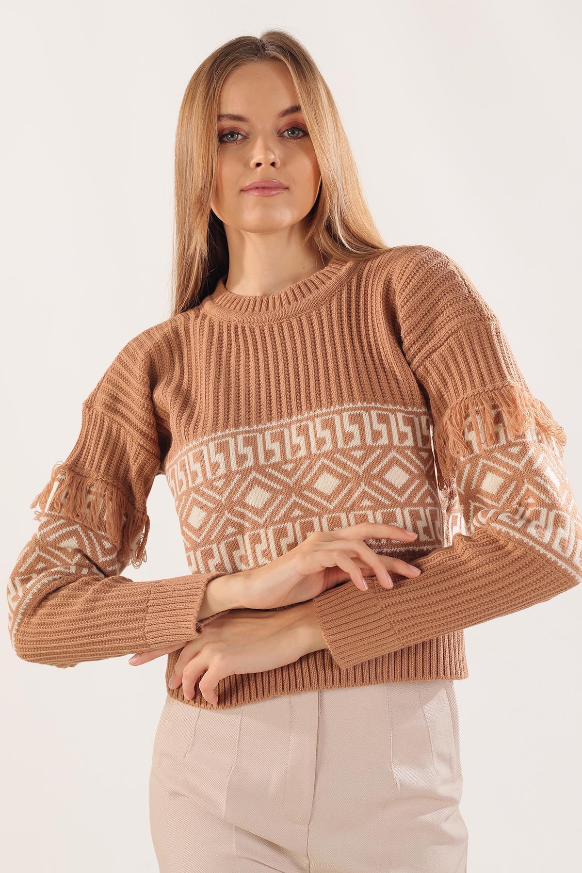 Bisküvi Kol Püskül Detay Desenli Kazak 3002 - 2