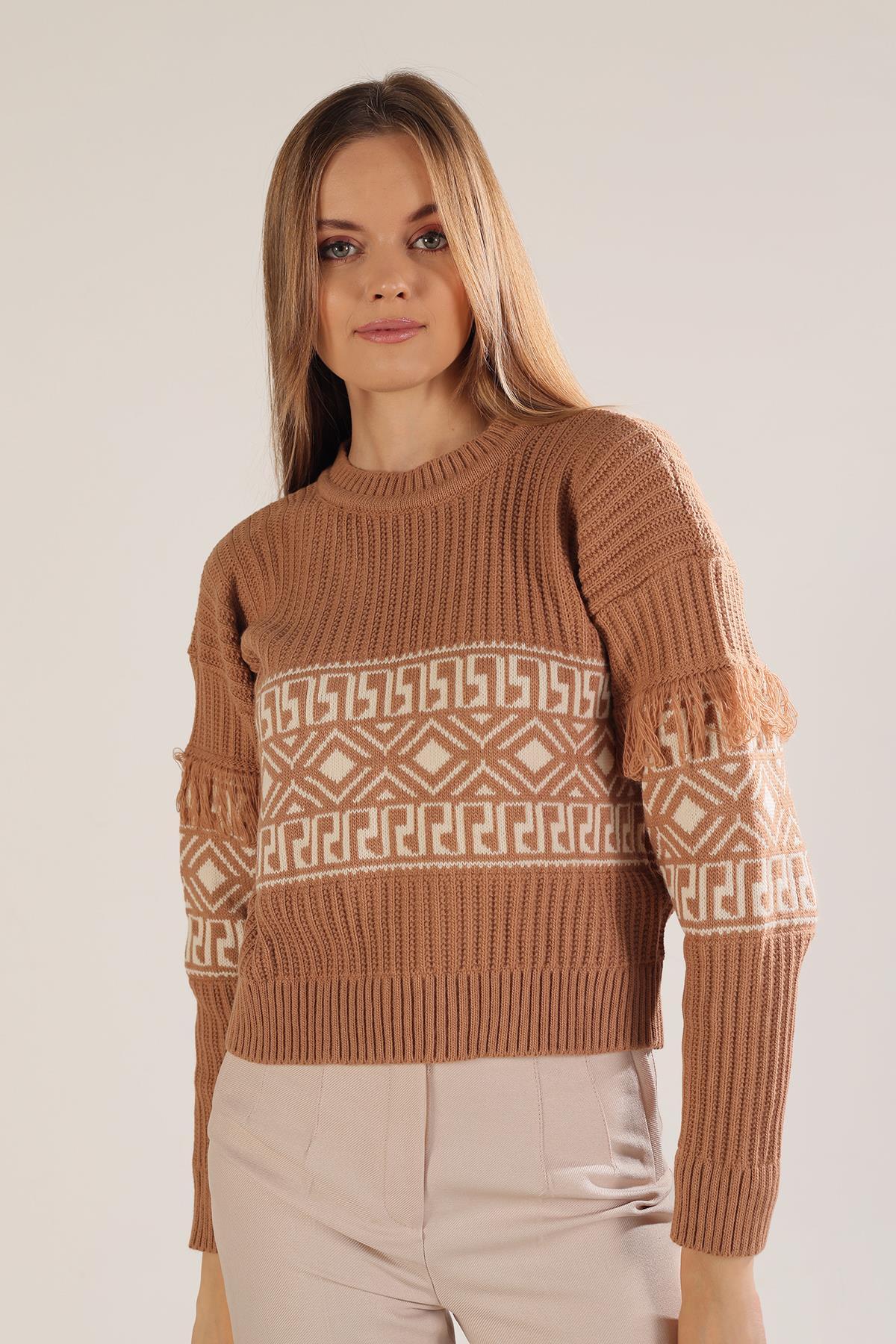 Bisküvi Kol Püskül Detay Desenli Kazak 3002 - 3