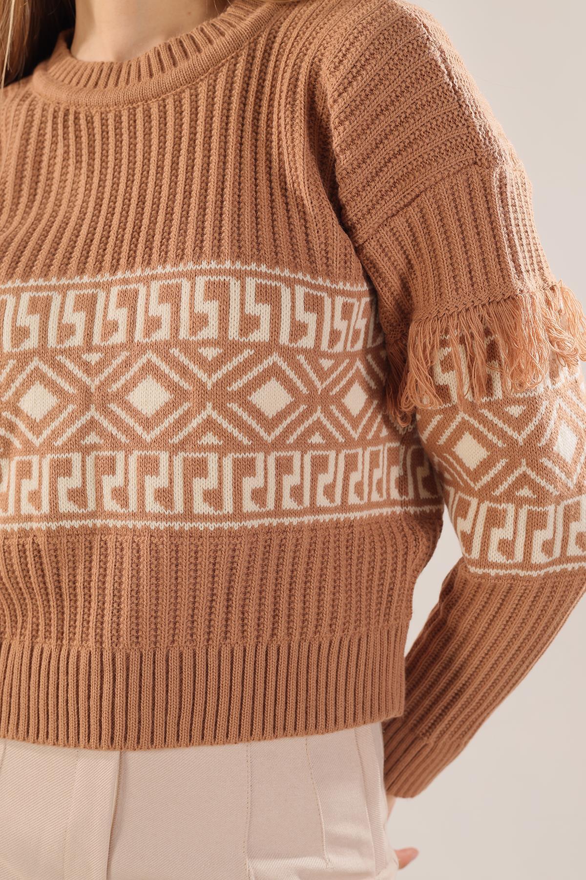 Bisküvi Kol Püskül Detay Desenli Kazak 3002 - 4