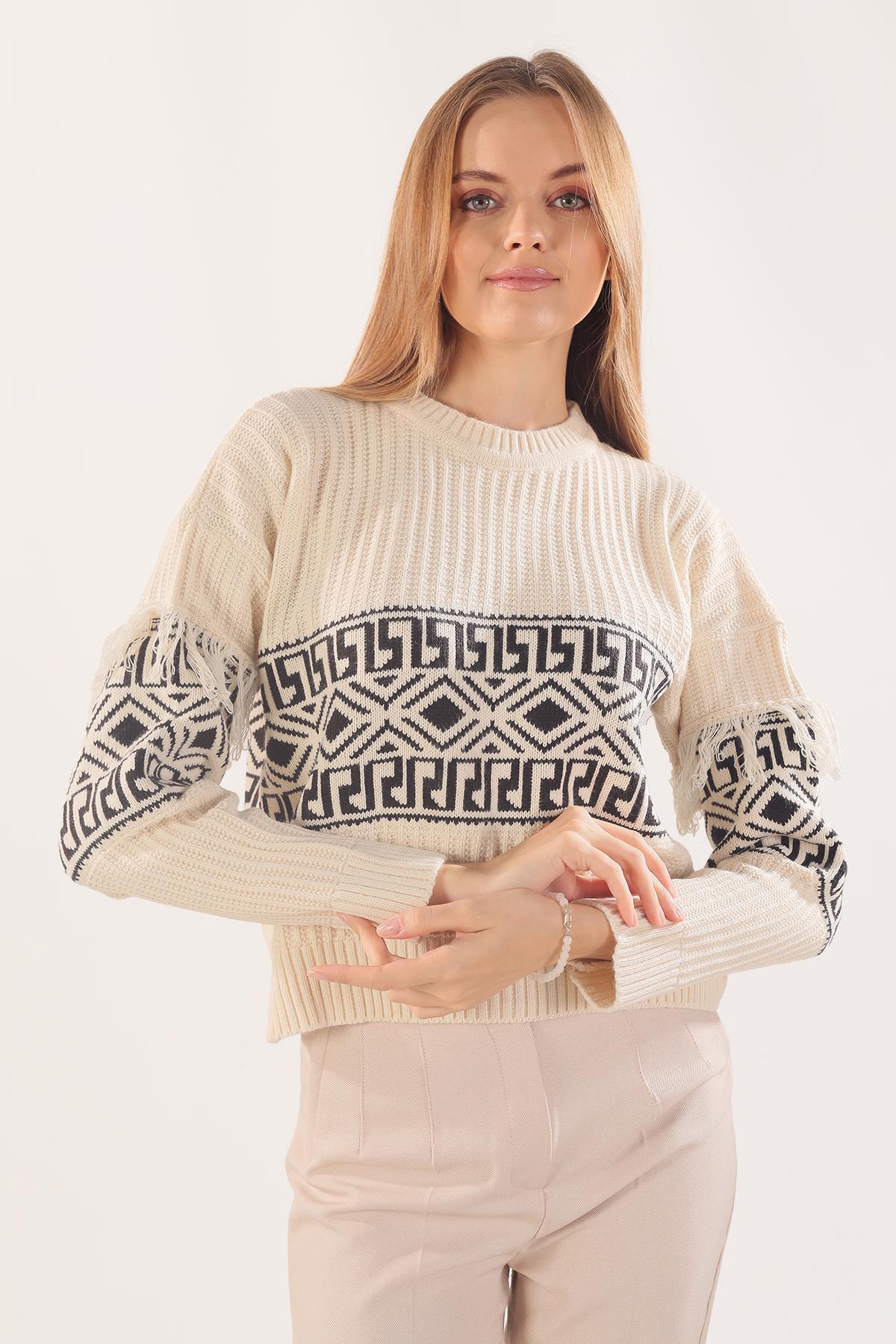 3002 Kol Püskül Detay Desenli Kazak Ekru - 1